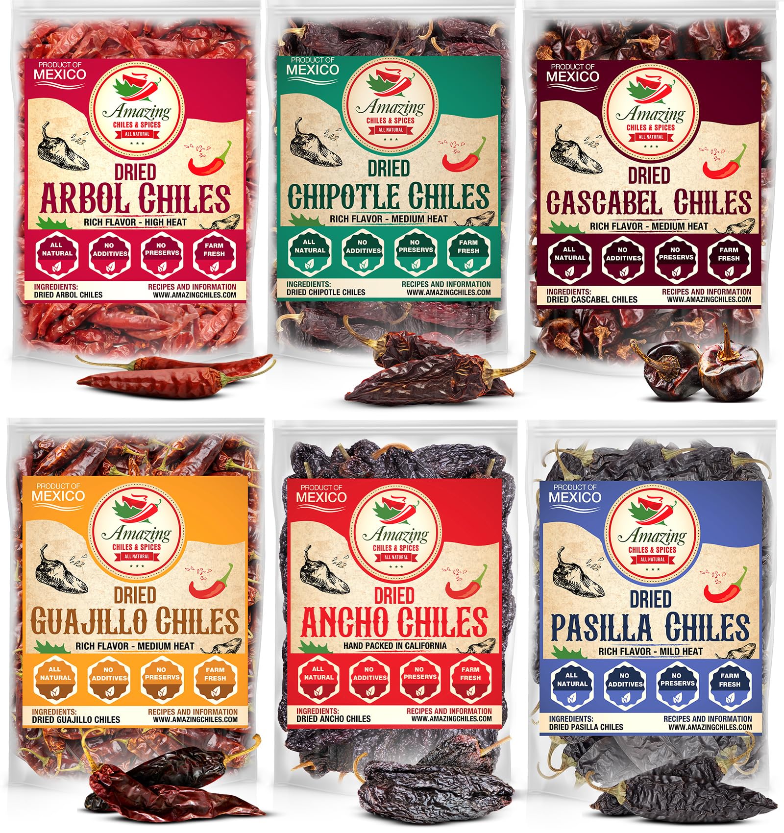 Dried Peppers 6 Pack Bundle - Ancho, Guajillo, Pasilla, Arbol, Chipotle, Cascabel (24oz Total). By Amazing Chiles & Spices