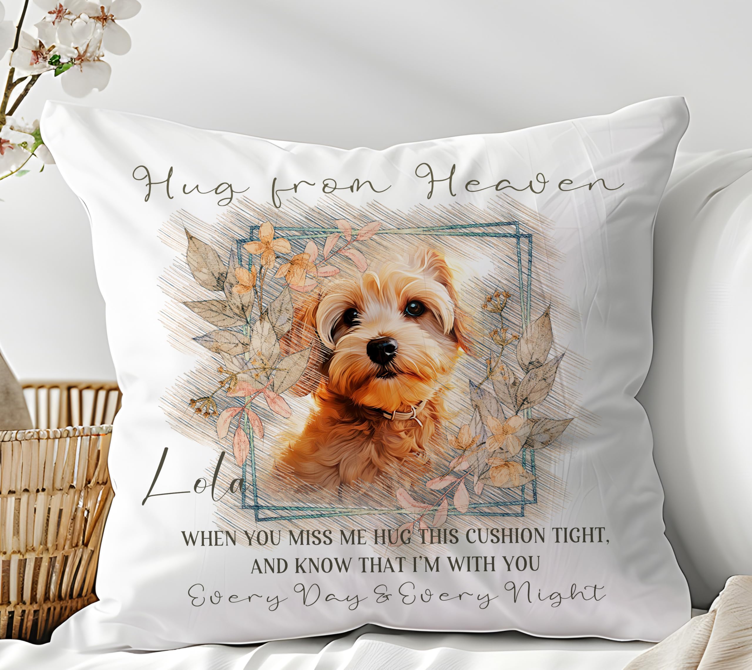 Personalised Pet Loss Memorial Cushion – Custom Dog Remembrance Pillow with Portrait, Hug from Heaven Sympathy Gift for Grieving Pet Owners, Bereavement Keepsake Pillowcase with Name & Comforting Poem