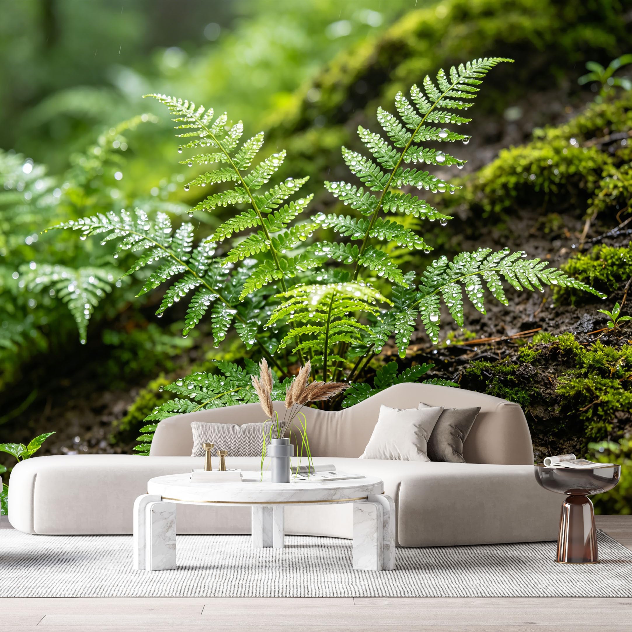 Custom Size Wall Murals Green Fern Botanical Forest Nature Water Drops SelfAdhesive Wall Fabric Removable Large Wallpaper for Photo Living Room
