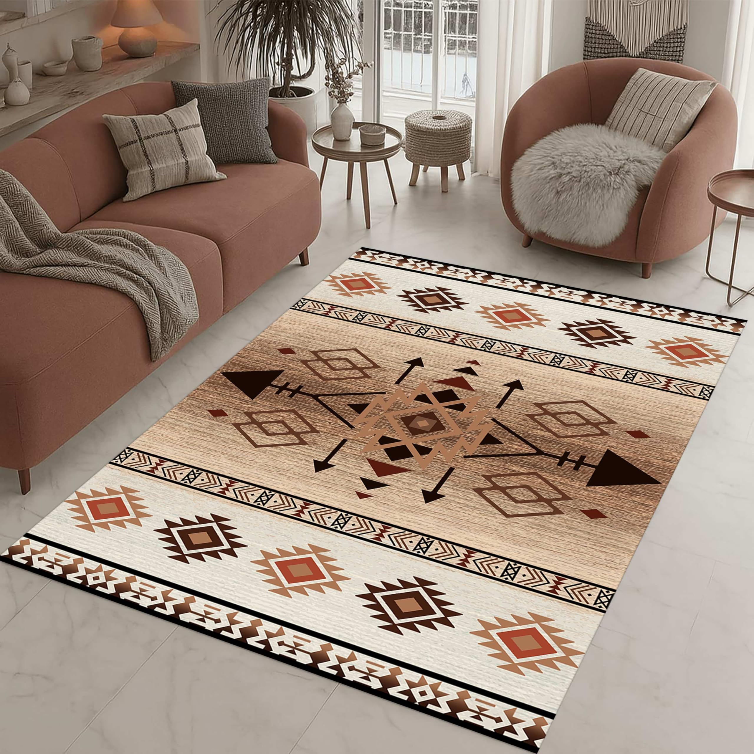 LHOMKCV Beige Aztec Area Rugs for Living Room, 120x180cm, Retro Nationaltribal Indian Style Hall Lounge Rug, Lightweight Low Pile Easy-Washing Flat Carpet for Bedroom Kitchen