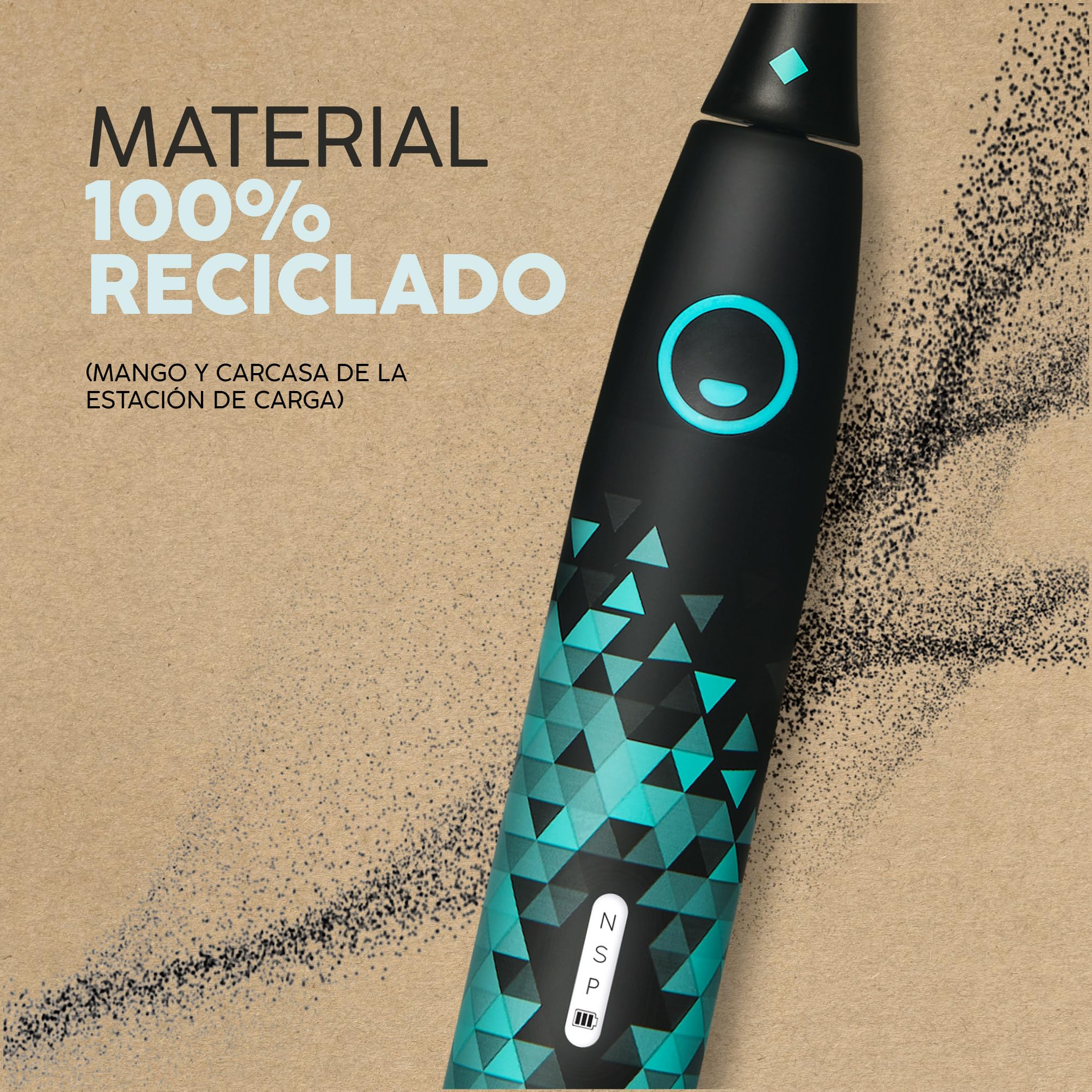 happybrush® Cepillo de dientes eléctrico sónico Eco VIBE 3 - Cepillo de dientes sostenible con batería de 6 semanas de duración, 3 cabezales y pasta de dientes - Negro/Menta