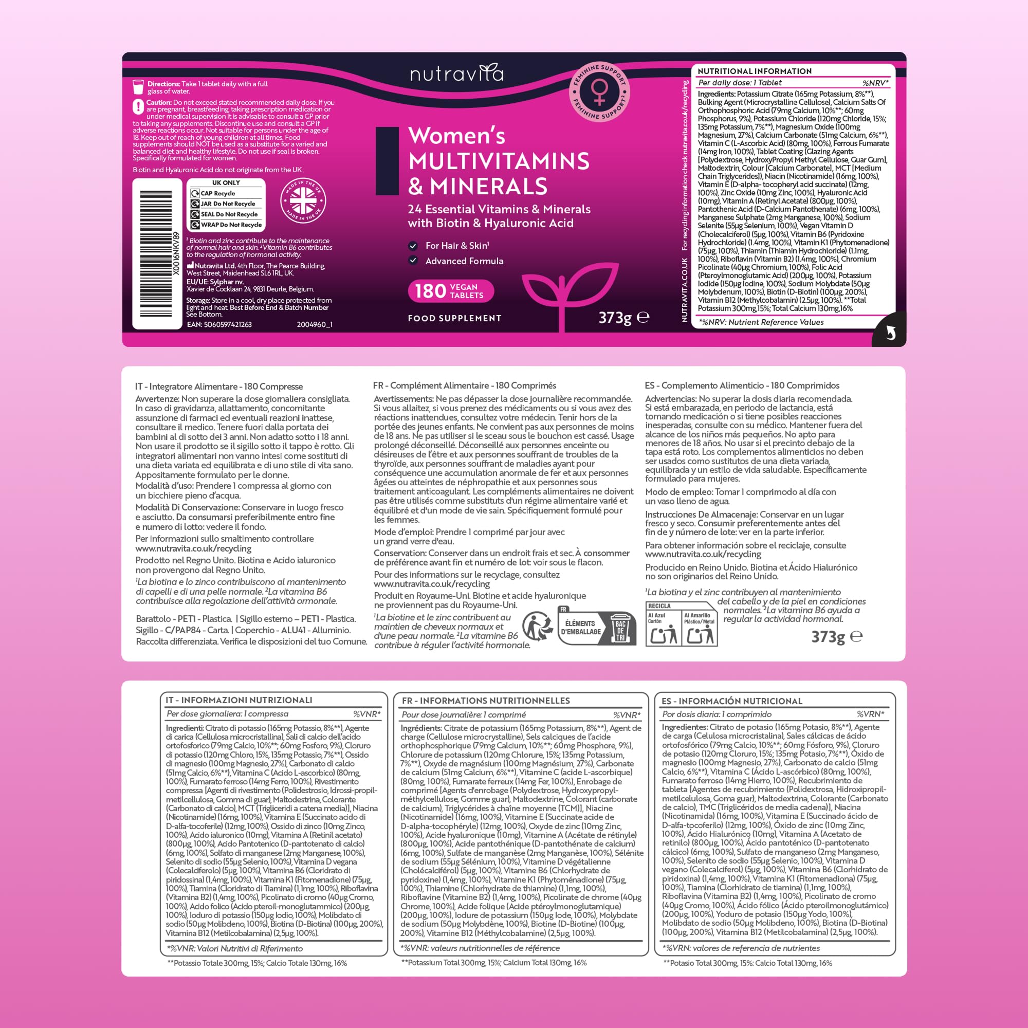 Nutravita Multivitaminas Mujer - 180 Tabletas Veganas - Complejo Multivitaminas y Mineral para Mujeres - 24 Vitaminas y Minerales Activos Esenciales - Vitaminas C, D3, Biotina & Ácido Hialurónico