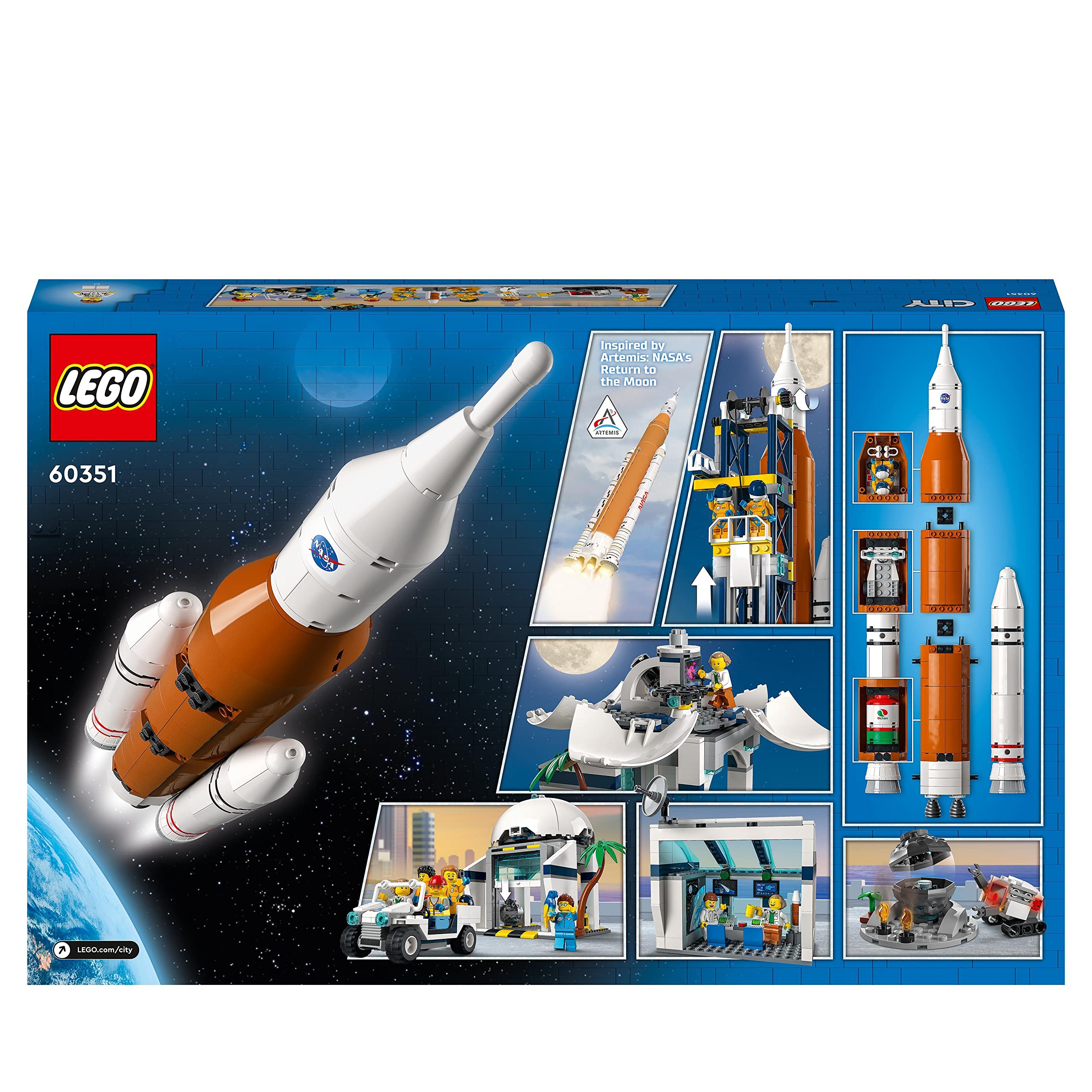 LEGO 60351 Start Rakiety z Kosmodromu, Kosmiczna Zabawka dla Dzieci, Zestaw Inspirowany NASA z Łazikiem, Obserwatorium i 7 Minifigurkami Astronautów