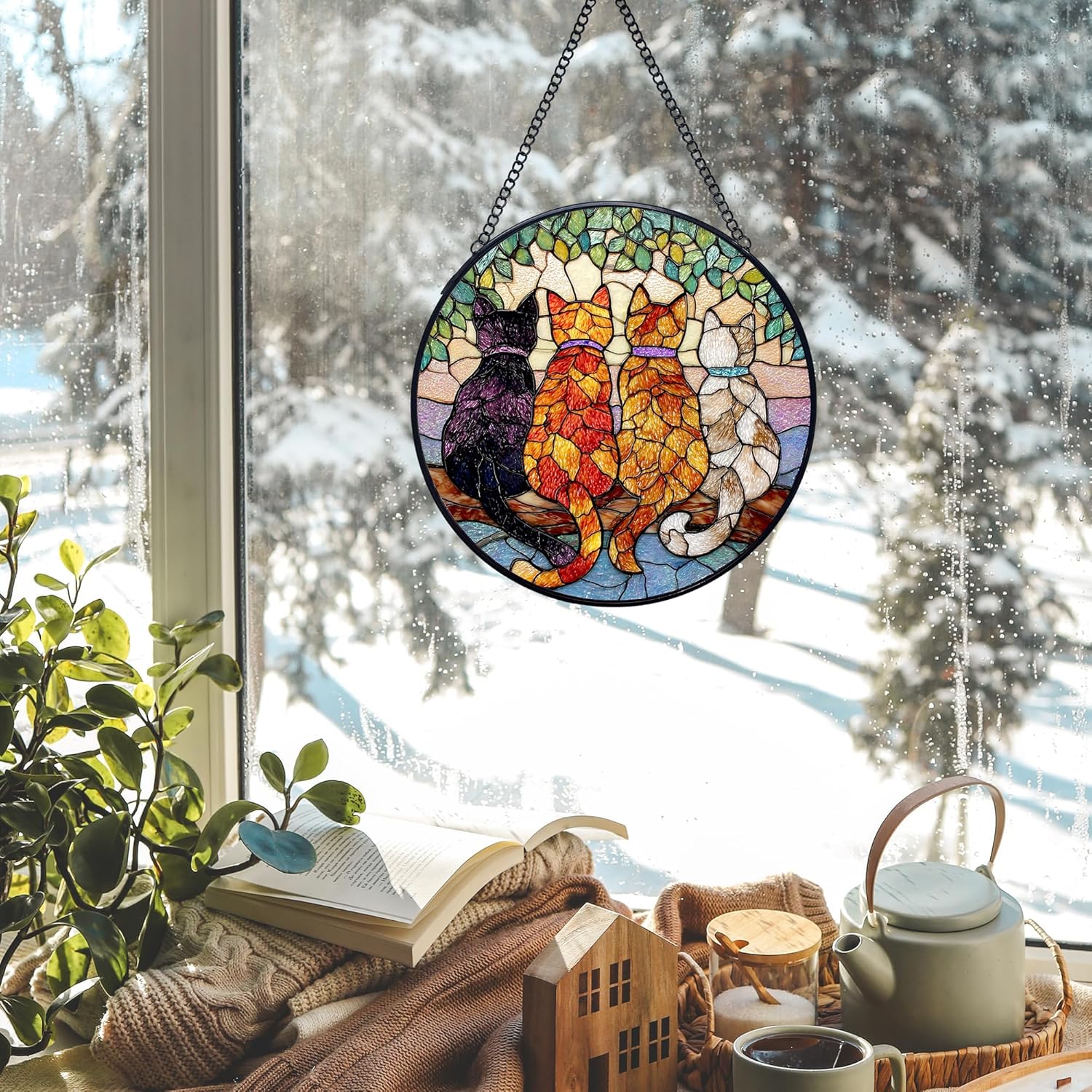 Cat Stained Glass Window Hanging Suncatchers, Cat Mom Lovers Owner Gifts Sun Catchers Indoor Window Glass Wall Art Decor, Cats Wall Hanging Decorations Sculptures, 7.9x7.9in - Image 4