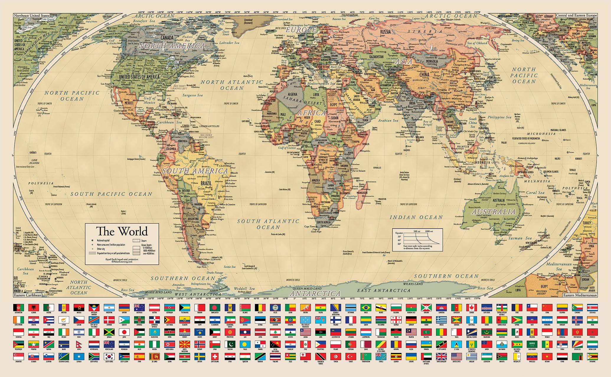 Palace Learning Equal Earth World Map Poster - map design shows continents at true relative size - LAMINATED, 18” x 29” [Yellow]