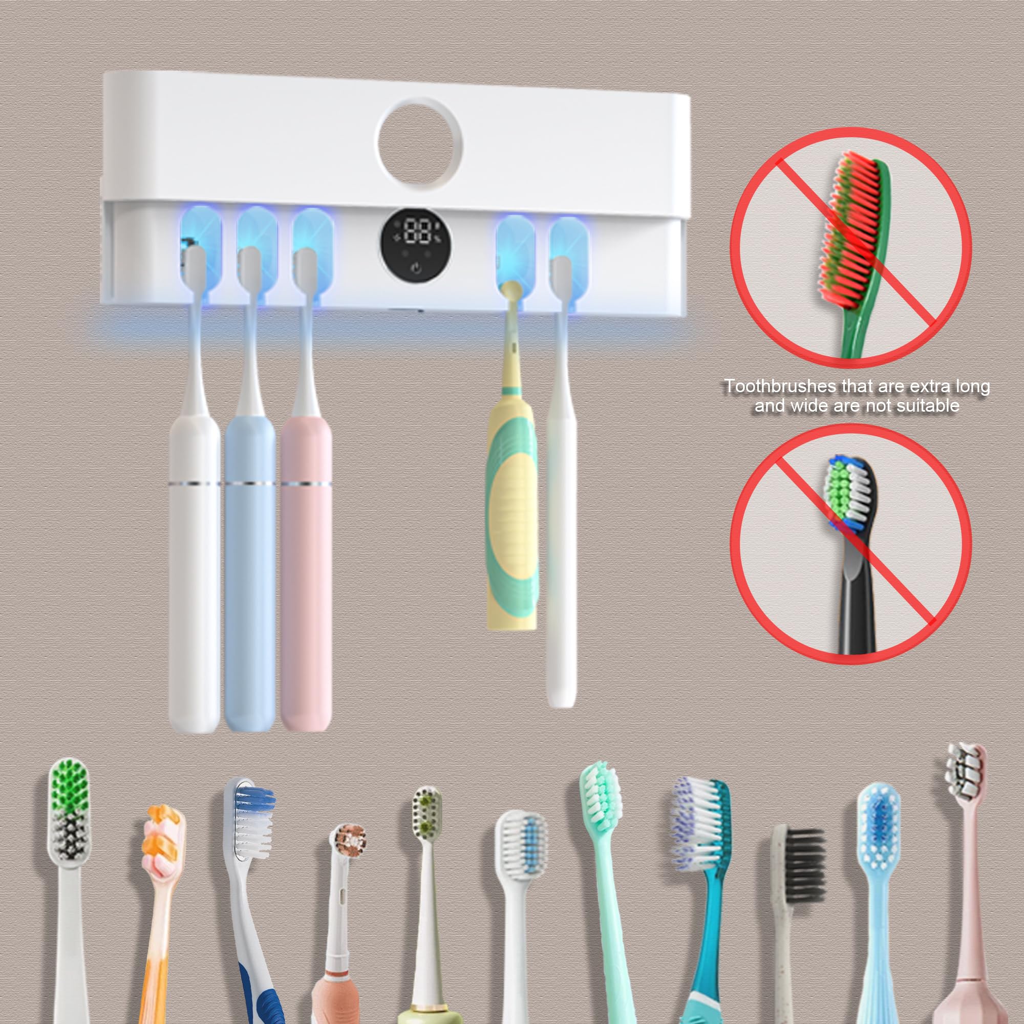Soporte para cepillo de dientes múltiple montado en la pared para baño, recargable, limpieza y secado, tapa de apertura y cierre inteligente