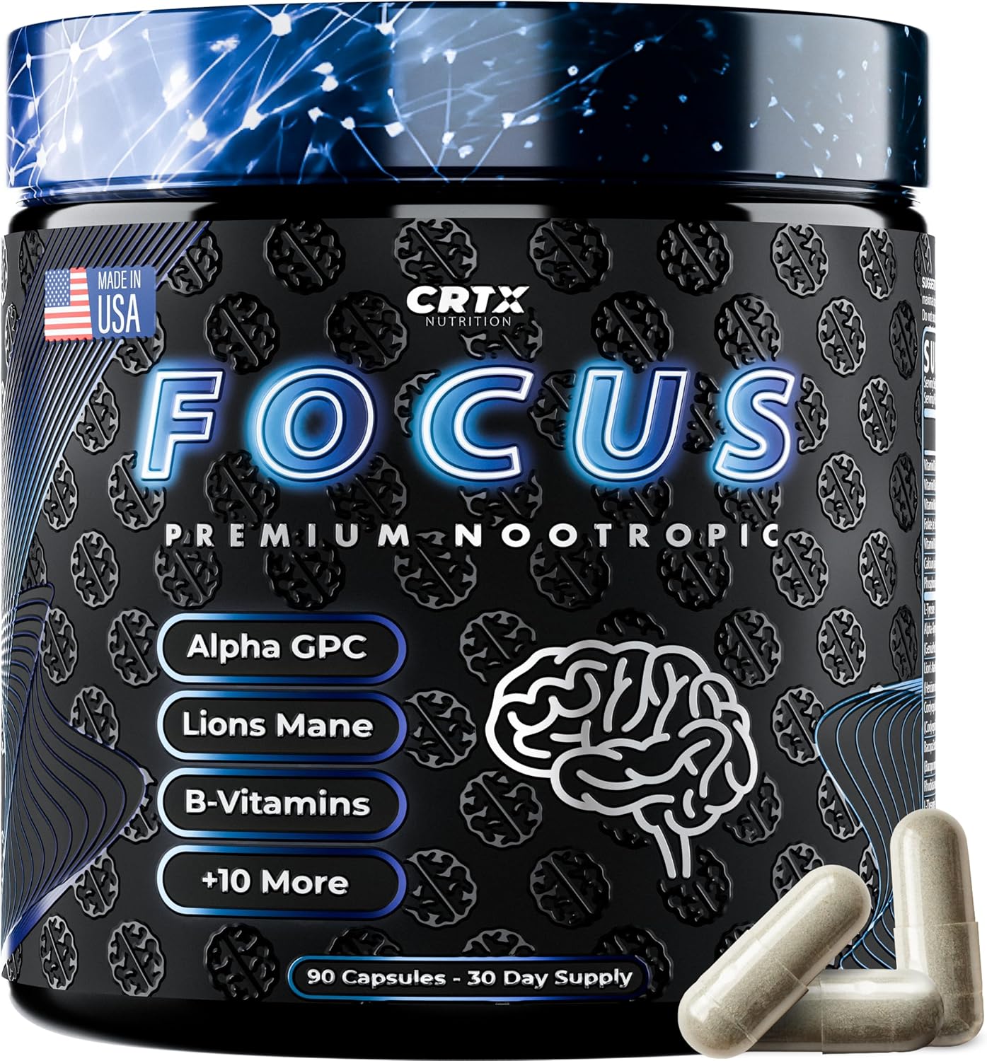 Nootropic Strongest Focus Supplement - Clinically Backed Ingredients Made in USA - Scientifically Backed Doses - Supplement for Brain Fog - AlphaGPC, Lions Mane, Rhodiola and More 10:1 90 Capsules