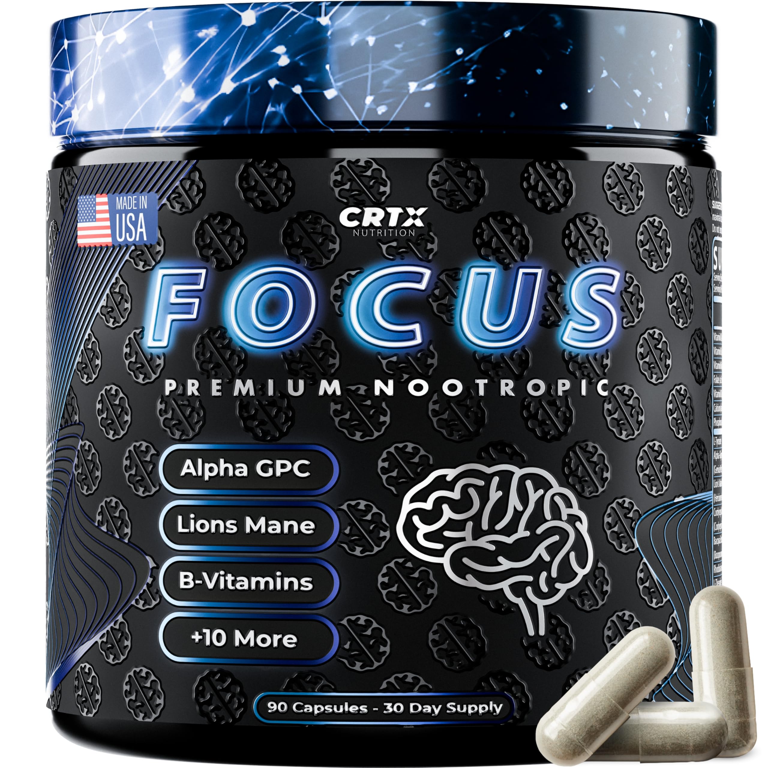 Nootropic Strongest Focus Supplement - Clinically Backed Ingredients Made in USA - Scientifically Backed Doses - Supplement for Brain Fog - AlphaGPC, Lions Mane, Rhodiola and More 10:1 90 Capsules