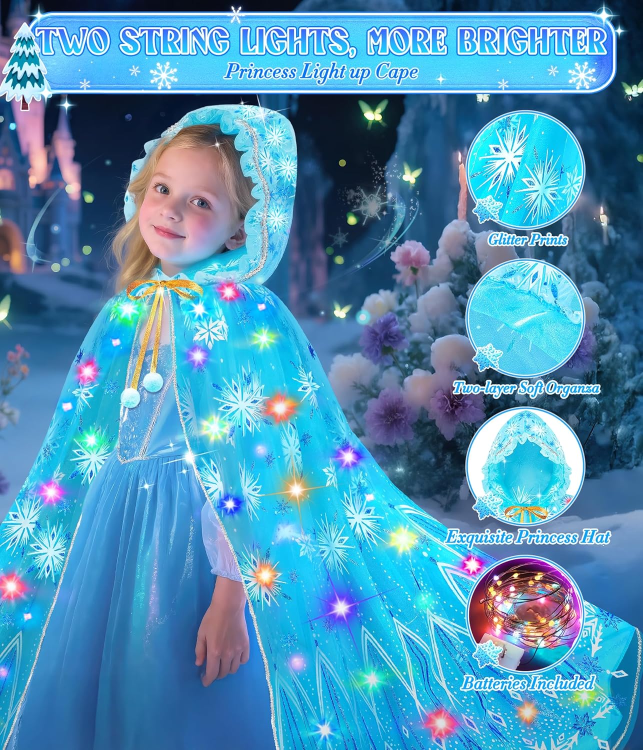Jeowoqao Princess Dress up for Girls 4-6, Light up Princess Cape with Crown Gloves Princess Toys for Girls 3-6 Halloween - Image 2