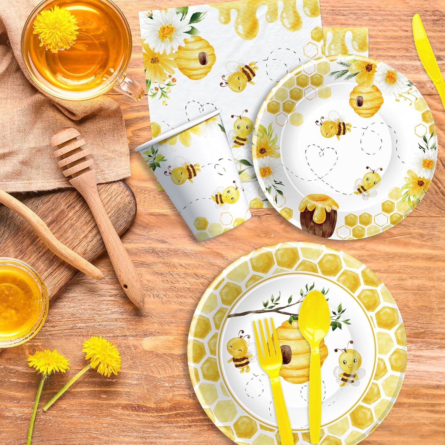 Bee Baby Shower Decorations Paper Plates And Napkins Party Supplies - Bee Birthday Party Decorations, Plate, Cup, Napkin, Fork, Bumble Theme Day Tableware | Serves 24 (Pack of 2)