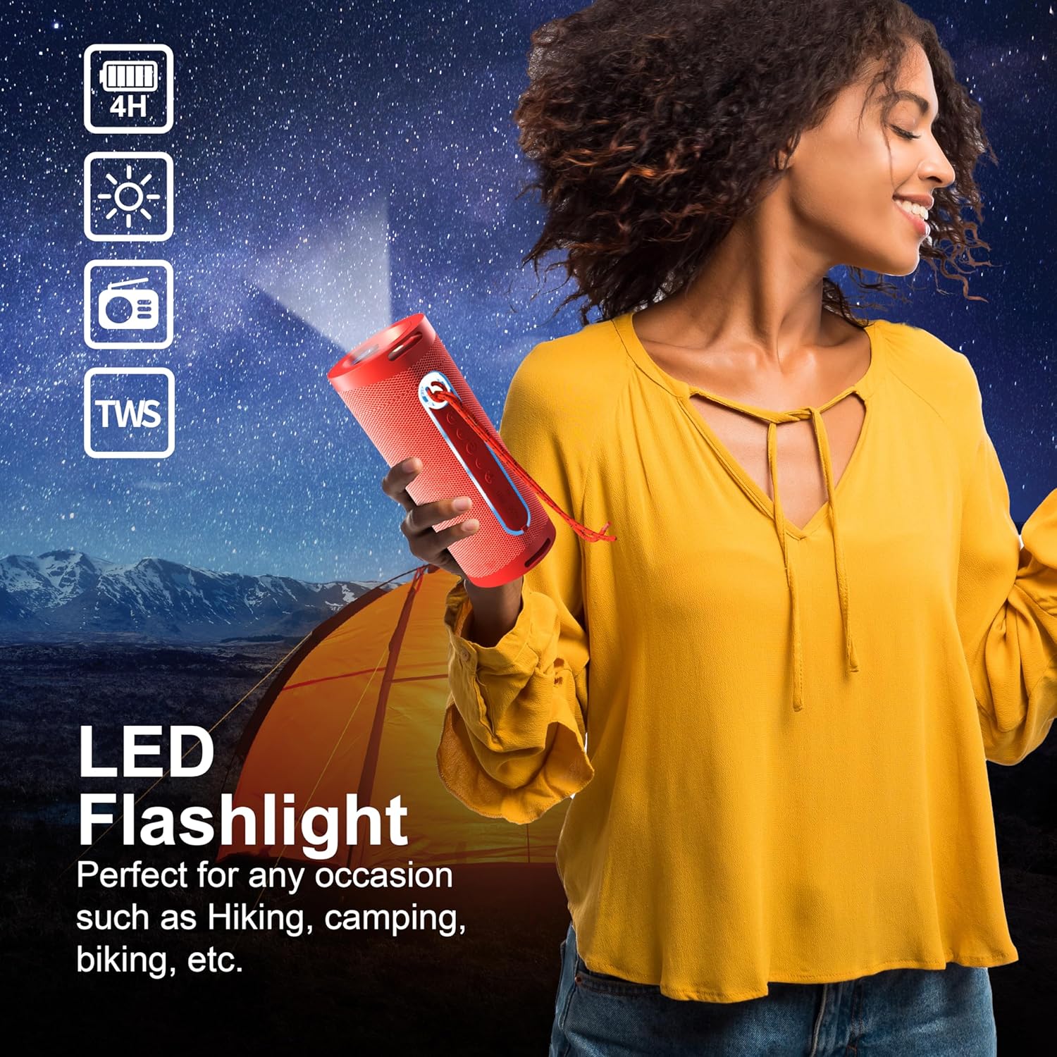 Woman holding IQ Sound SC-2340BT speaker with LED flashlight on