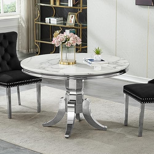 Miniatura 12 de Mesa de comedor de lujo de 69.3 pulgadas para 4 y 6, mesas de comedor de cocina de mármol blanco con parte superior de mármol sintético de 0.98