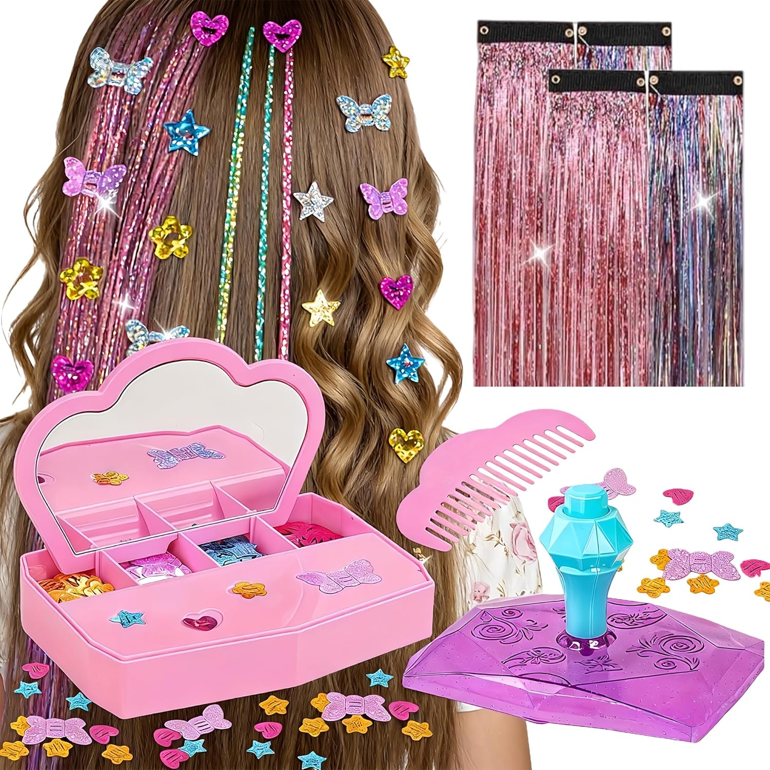Gem Stapler Kit for Hair with Rainbow Clip-in Extensions – Hair Bedazzler Stamp Tool with Reusable Gems & Glitter Patches | Bling Hair Jewel Design Set + Play Hair | Girls Accessories Gift (Age 6-12)