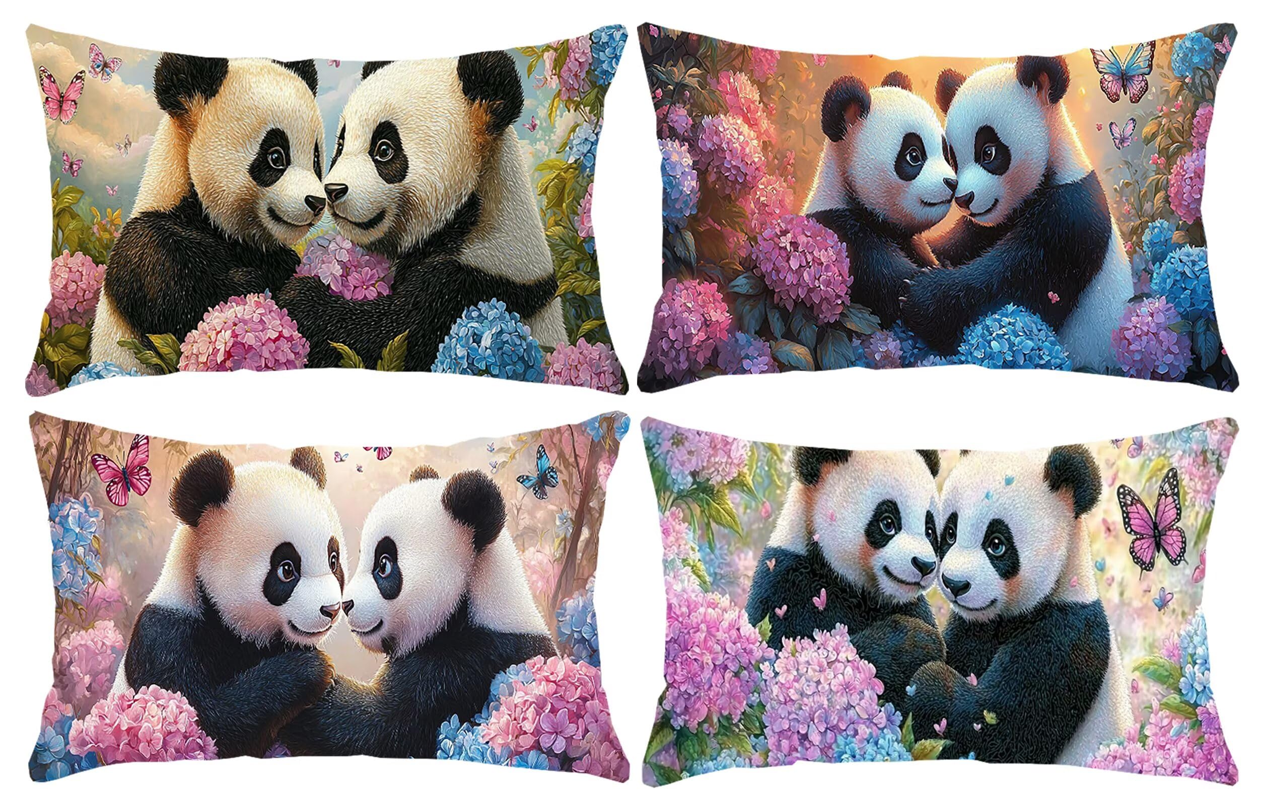 Zestaw 4 poszewek na poduszki 40 x 80 cm, poszewki na poduszki dekoracyjne kwiaty haft panda prostokątna pościel pościel na sofę krzesło do sypialni na zewnątrz wystrój poduszki R-876