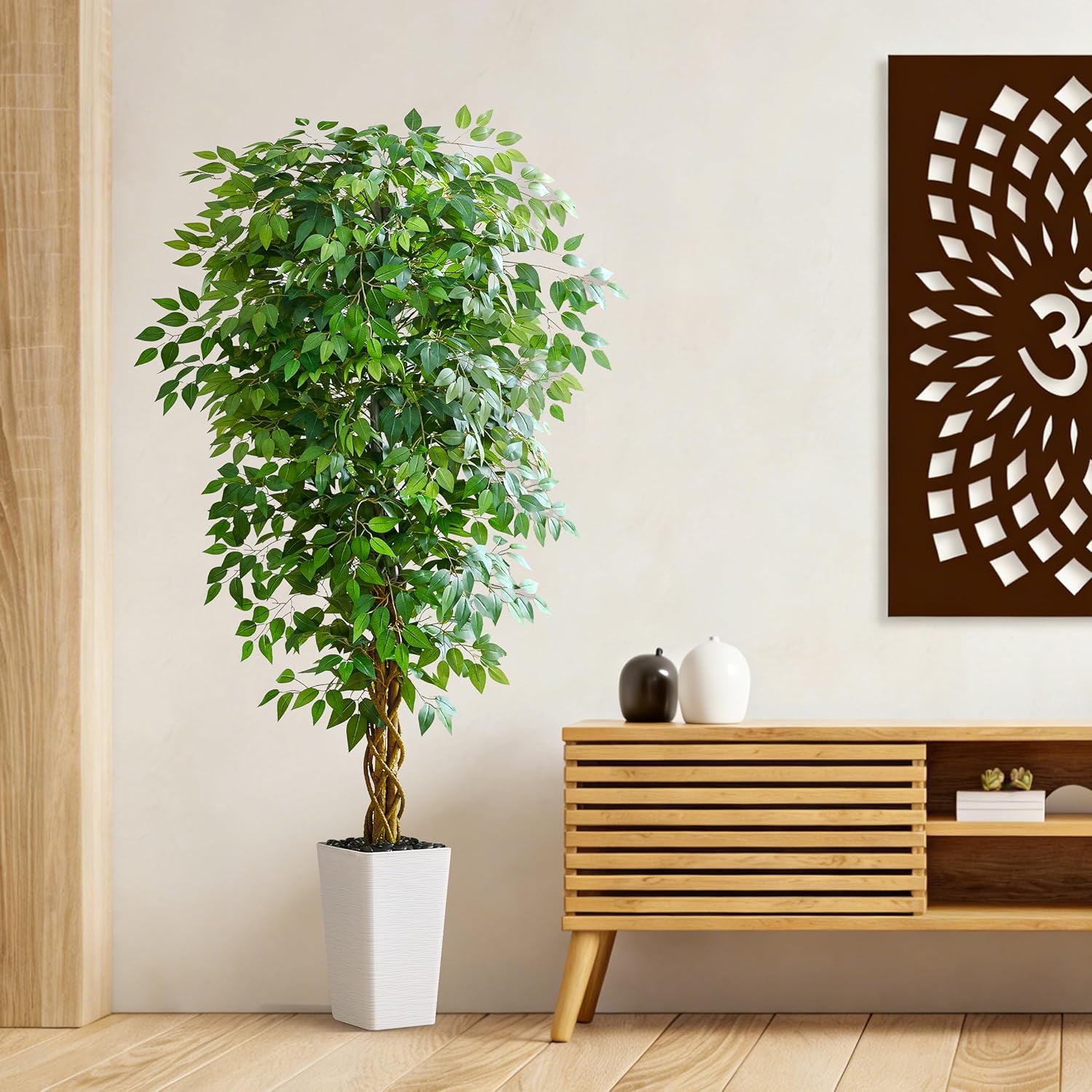 Artificial Ficus Tree 6FT Faux Floor Tree with Planter UV Resistant Potted Fake Silk Plant - Indoor Outdoor Lifelike Fake Ficus Tree for Home, Living Room Bedroom Topiary Tree - Image 7