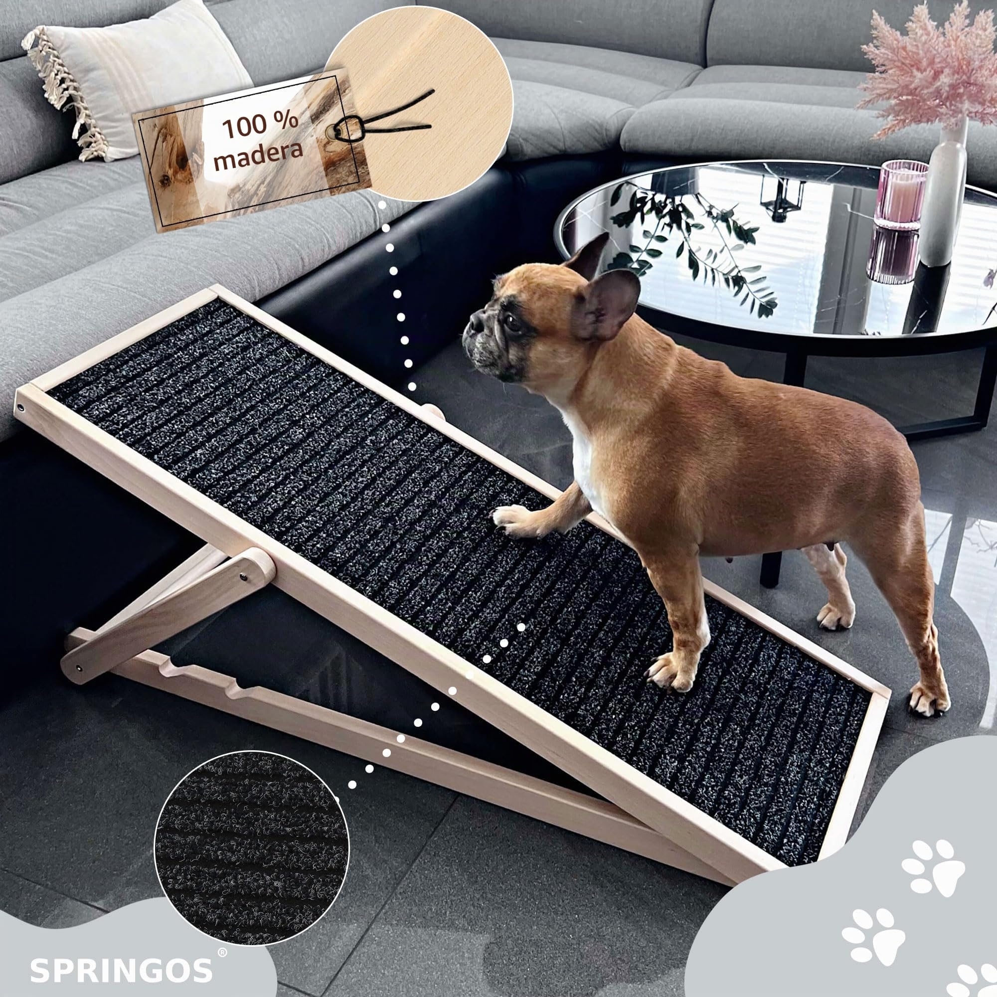 SPRINGOS Rampa para Perros Plataforma Ajustable de 42,5-59 cm para Cama o sofá Escalón Plegable de Madera para Perros Rampa para Mascotas con Estera Antideslizante