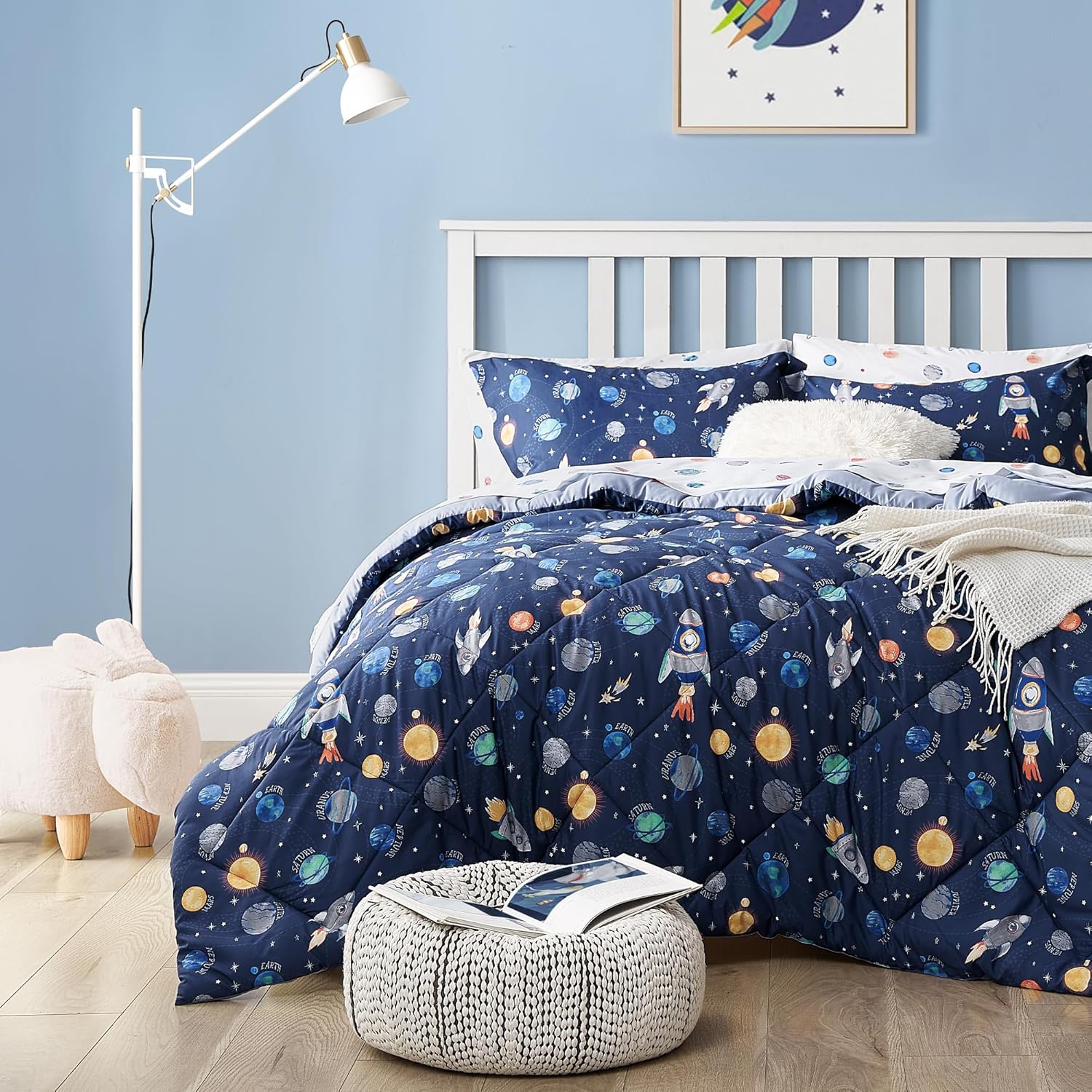 Kids Bedding Set for Boys, Twin Size 5 Pieces Space Themed Bed in a Bag, Super Soft Lightweight Microfiber Comforter Set with Sheets, Children Bed Set, Navy Blue, Twin