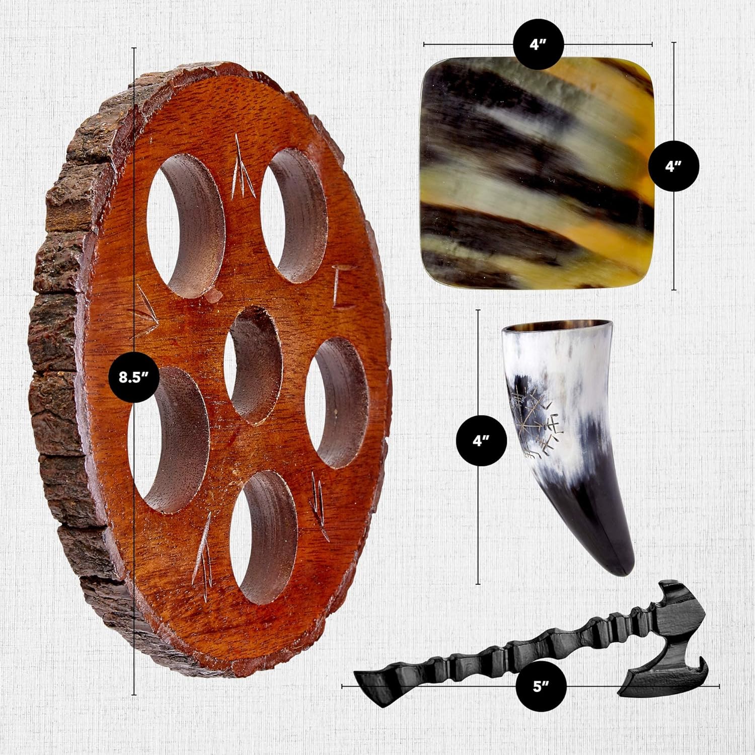 Viking Culture Viking Horn Drinking Cup Shot Glasses with Vintage Axe Bottle Opener, Coasters, and Rustic Wood Display Stand, Toasting Vessels for Party, Event, Bachelors - Image 3