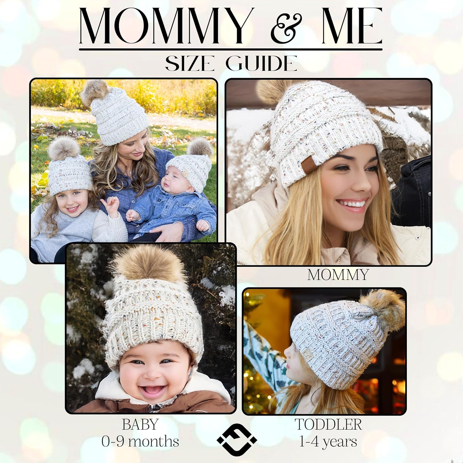 Funky Junque Mommy & Me Pom Pom Beanies Set – Infant Baby & Mom Matching Winter Outfits, Warm Newborn & Women's Beanie Hats