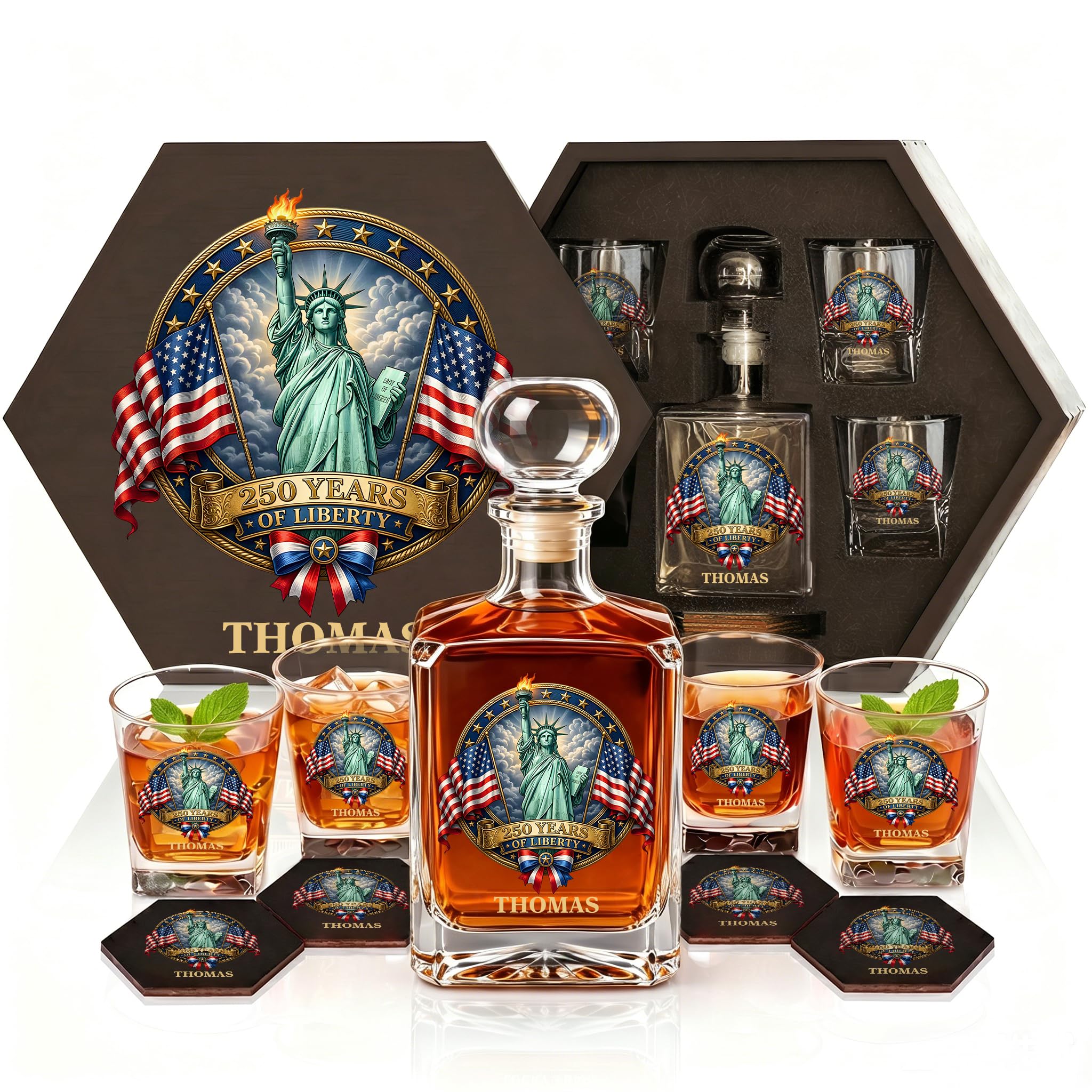 Personalized Veterans Day Gifts, USA 250th Anniversary Whiskey Decanter Set