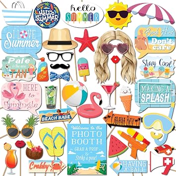 Summer Photo Booth Props - 41 Pieces with Signs, Adhesive Pads, Sticks - Pool Party & Beach Theme Props