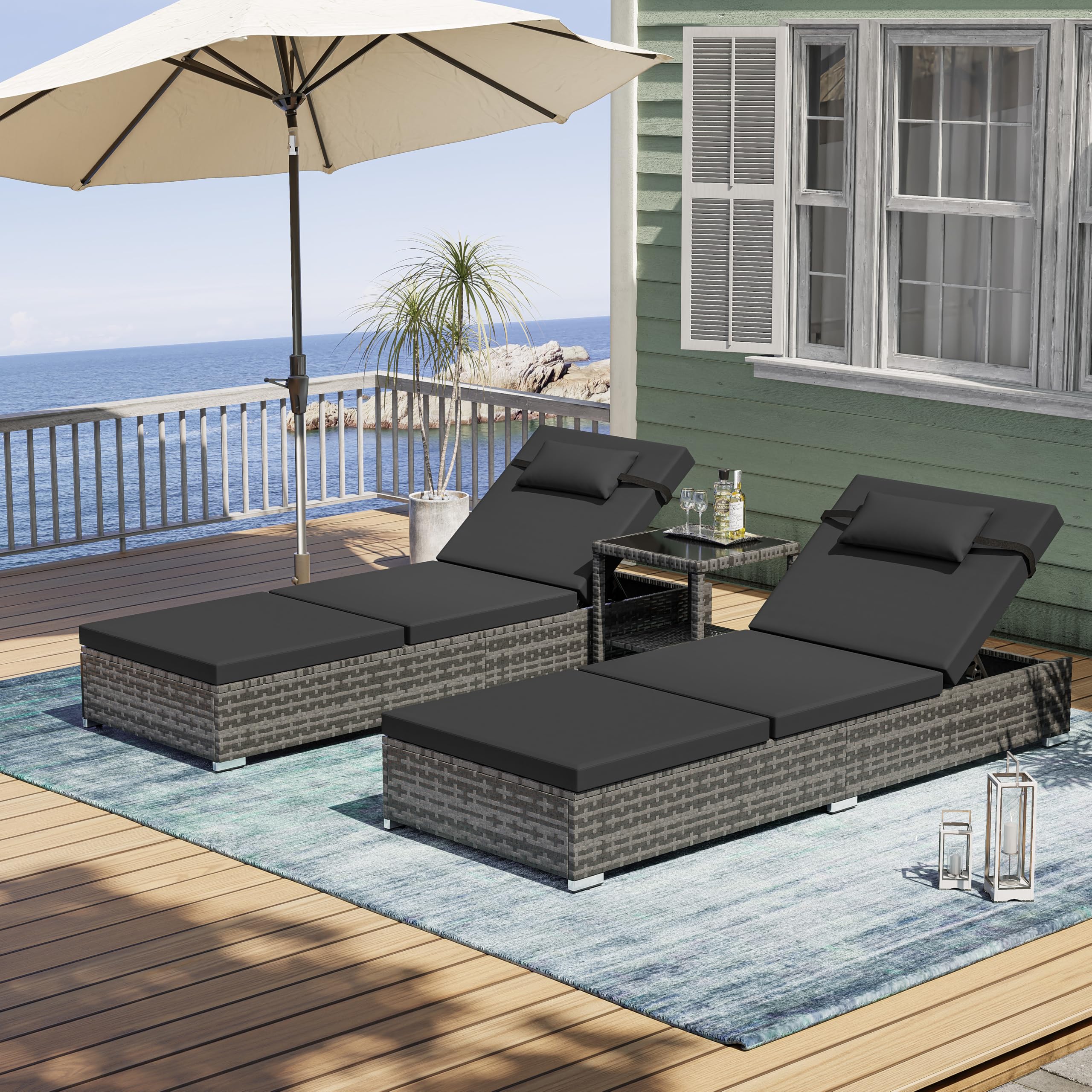 UDPATIO Sonnenliege 2 Personen Set, 3er Gartenmöbel Lounge Set Outdoor inkl. 2 Polyrattan Gartenliegen Wetterfest & 1 Tisch, Sonnenliegen Set für Garten, Terrasse, Balkon (Grau-meliert & Grau Bezüge)
