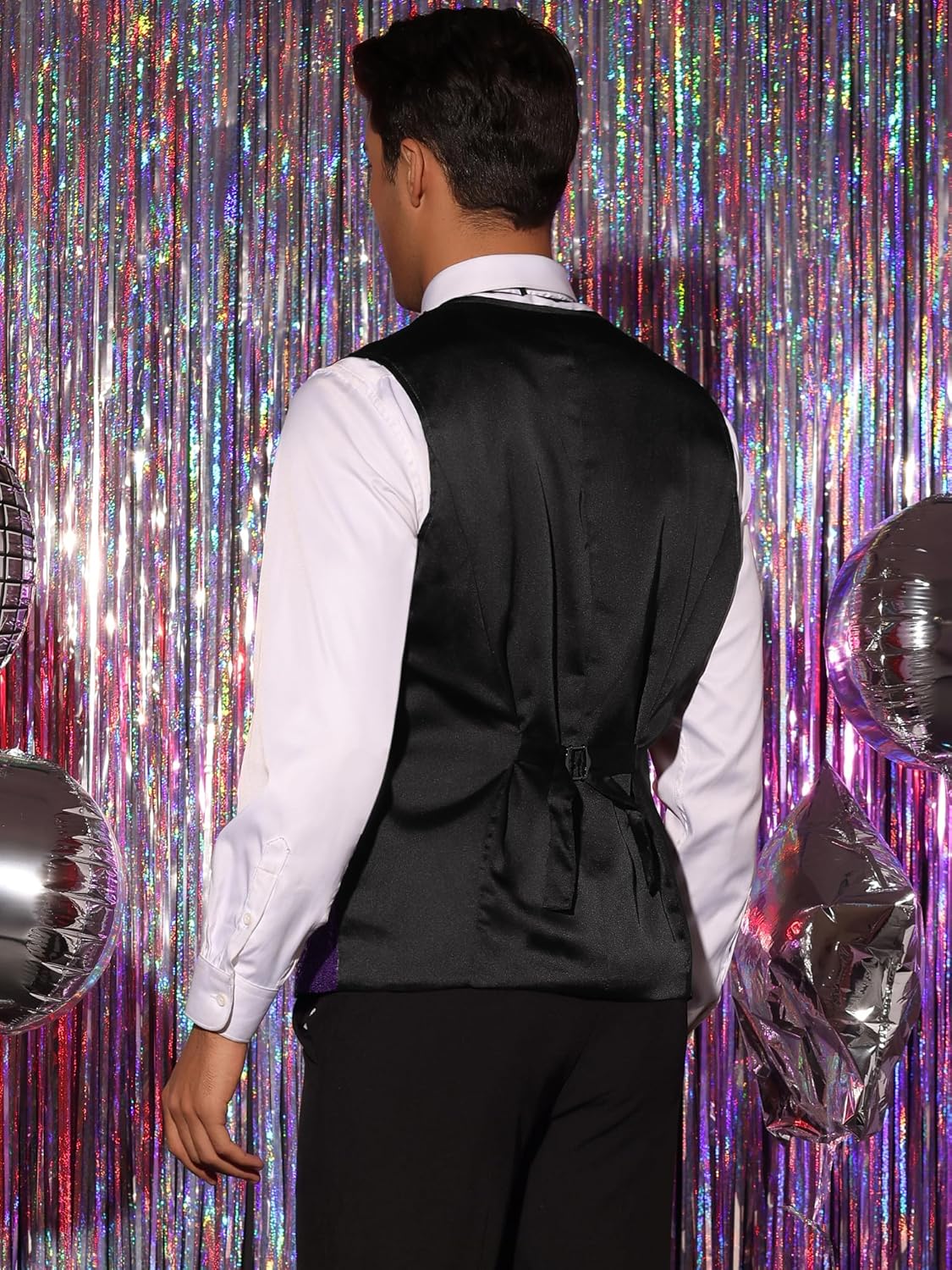 Lars Amadeus Sequins Vest for Men's V-Neck Slim Fit Shiny Disco Party Sleeveless Waistcoat Bowtie - Image 3
