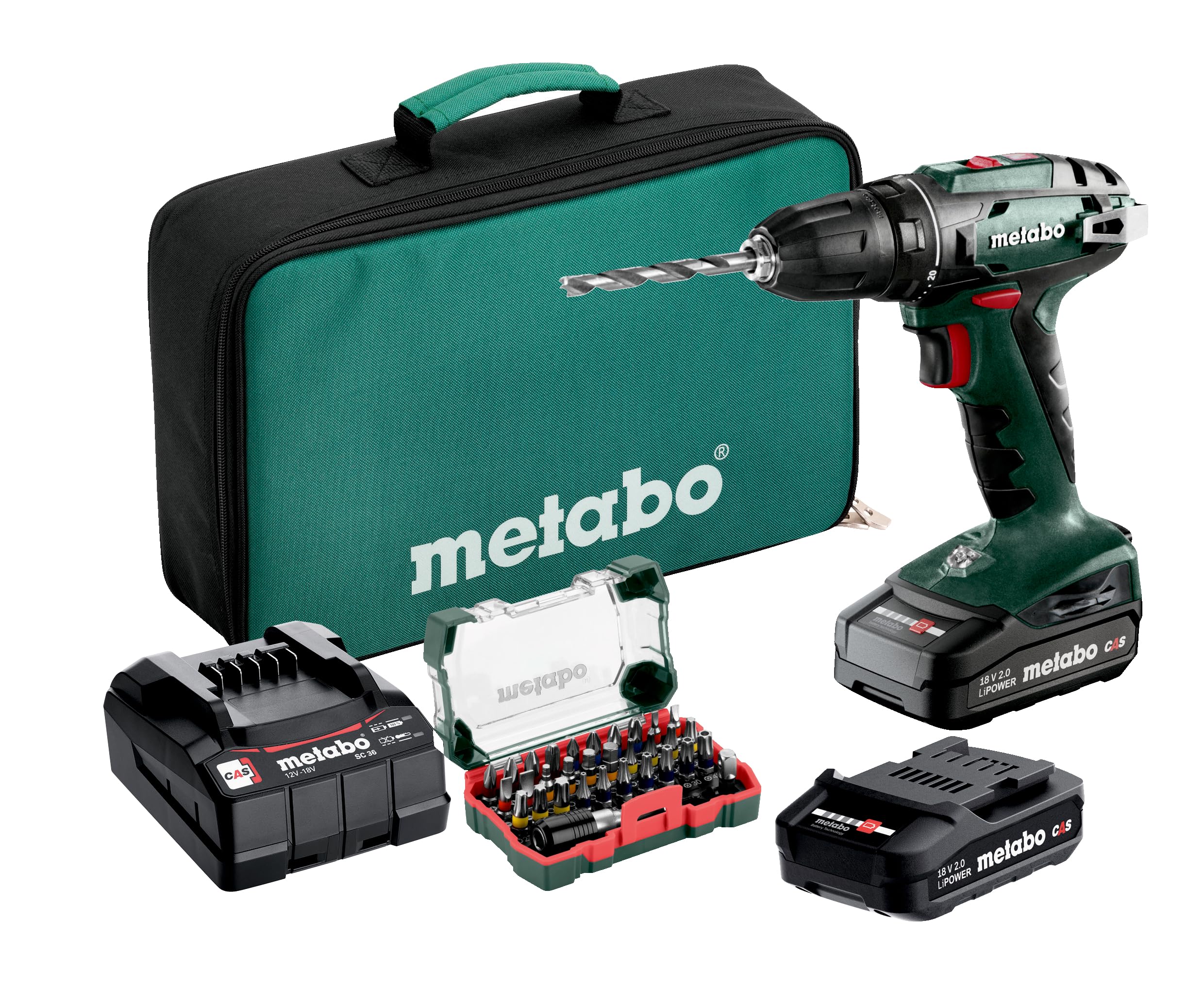 Metabo akumulatorowa wiertarko-wkrętarka BS 18 – 602207930 – 18 V – Z 32-częściowym zestawem bitów – W zestawie dwa akumulatory i ładowarka