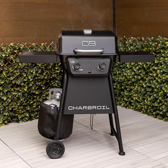 Charbroil Classic 2-Burner Propane Gas Grill 280 Sq In Cooking Area, 20,000 BTU, Porcelain-Coated Grates, Compact Outdoor BBQ with Side Shelves