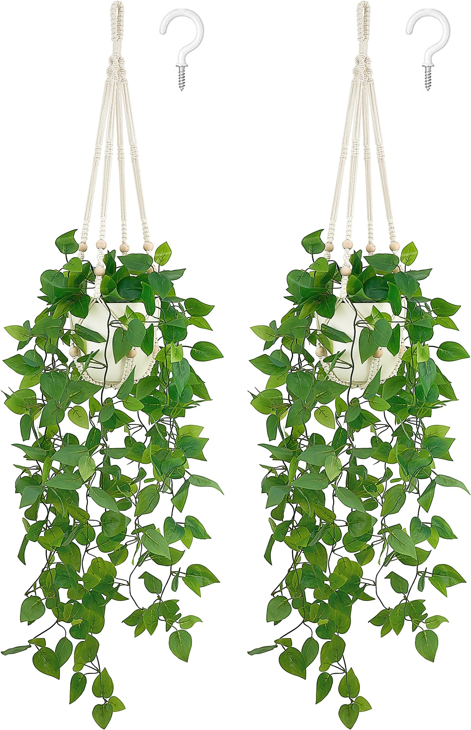 Mkono Fake Hanging Plant with Pot and Ceiling Hooks