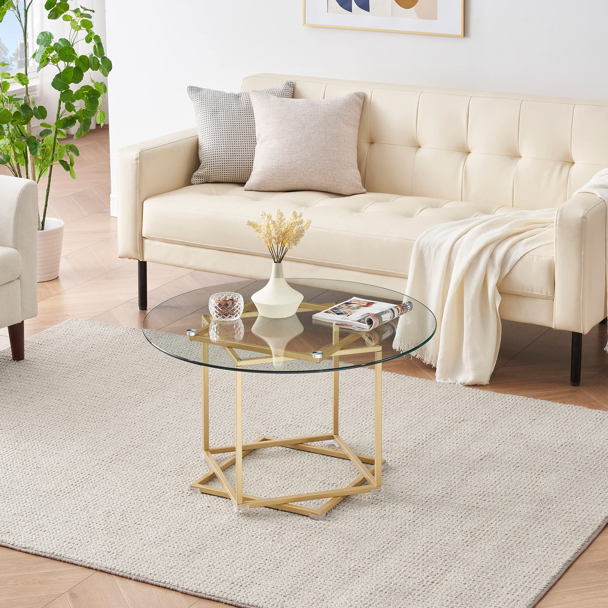 Beistelltisch Modern Wohnzimmertisch Glas Couchtisch Gold Rund Couchtisch für Wohnzimmer, Schlafzimmer, Büro, Balkon, 1 Stück, φ 80 cm Küche, Haushalt & Wohnen
