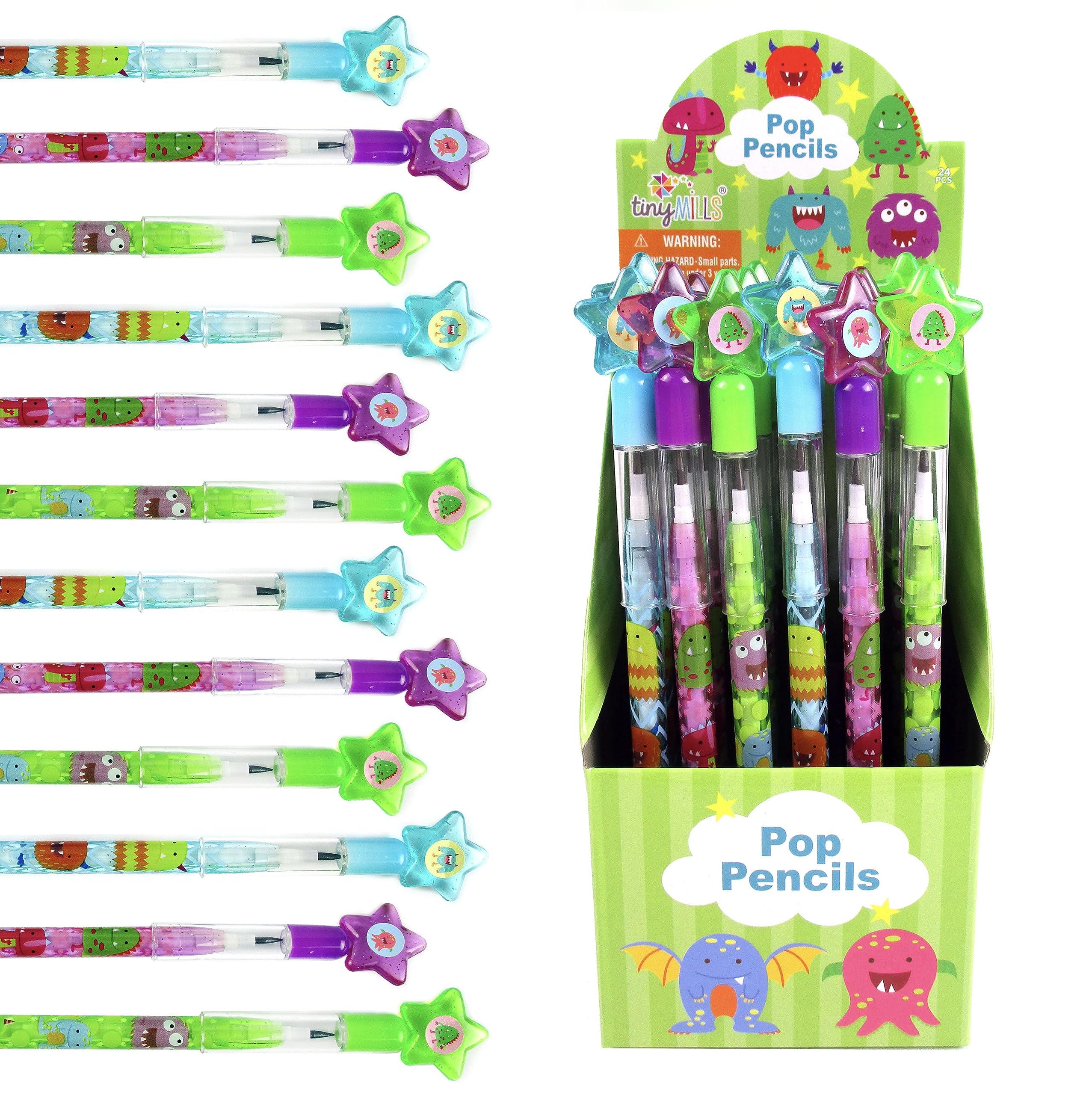 TINYMILLS 24 Pcs Monsters Multi Point Pencils Stackable Pencil with Eraser for Halloween Monster Party Favor Prize Carnival Goodie Bag Stuffers Classroom Rewards