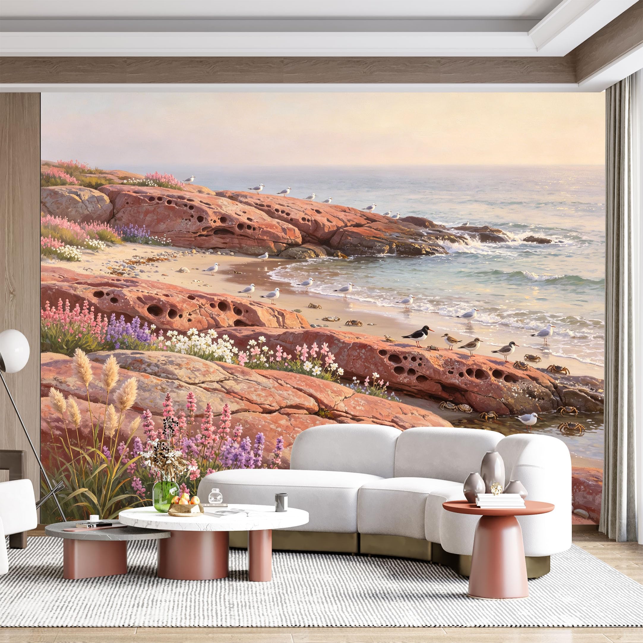 Custom Size Wall Mural Seascape Coastal Rocky Shoreline Seagulls Crabs Floral Botanical SelfAdhesive Wall Fabric Removable for Home Office Decor