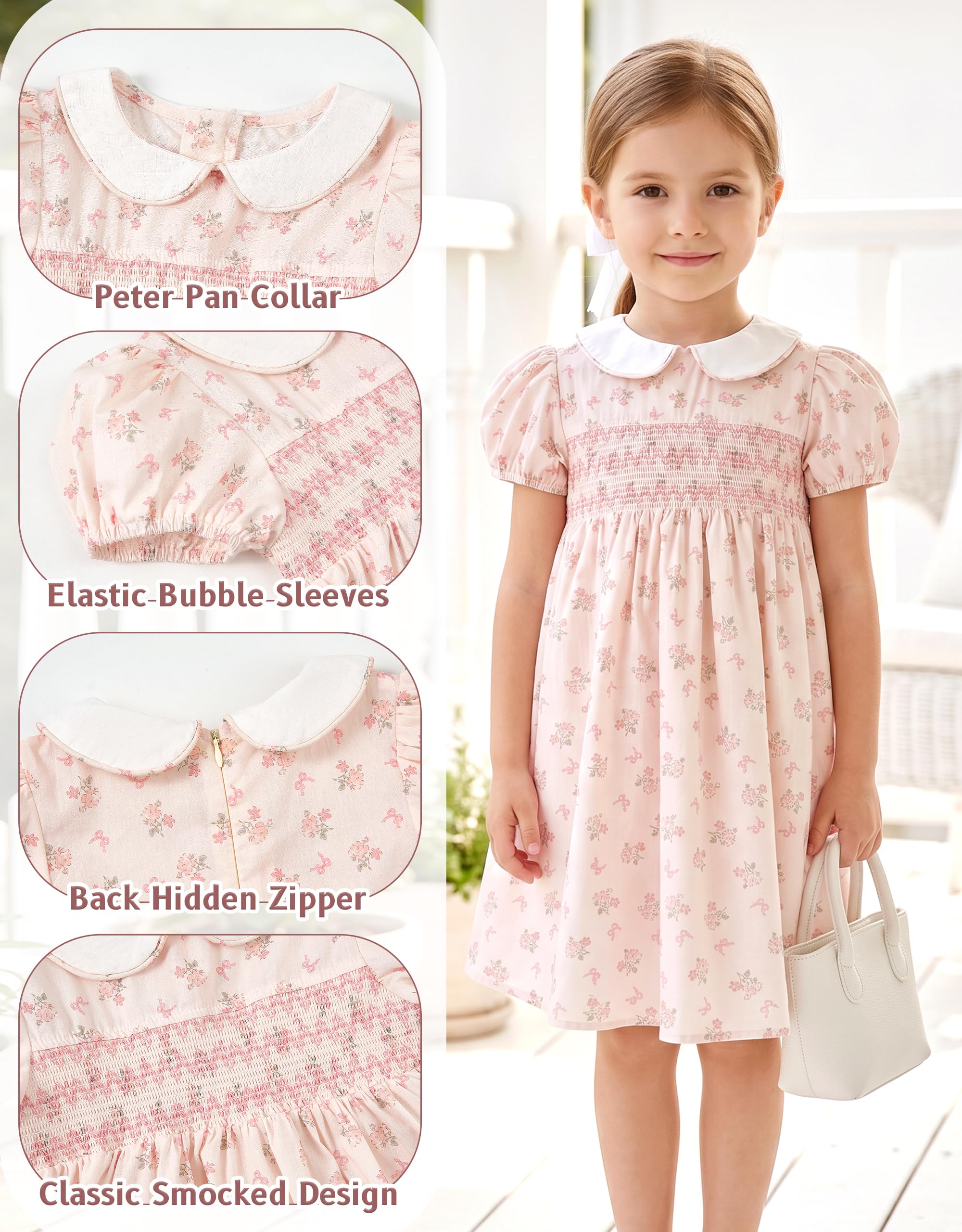 Miipat Robe à Fleurs Smockée Coton pour Petite Filles, Élégante Vintage Décontractée à Manches Bouffantes Princesse Été Robes Enfant