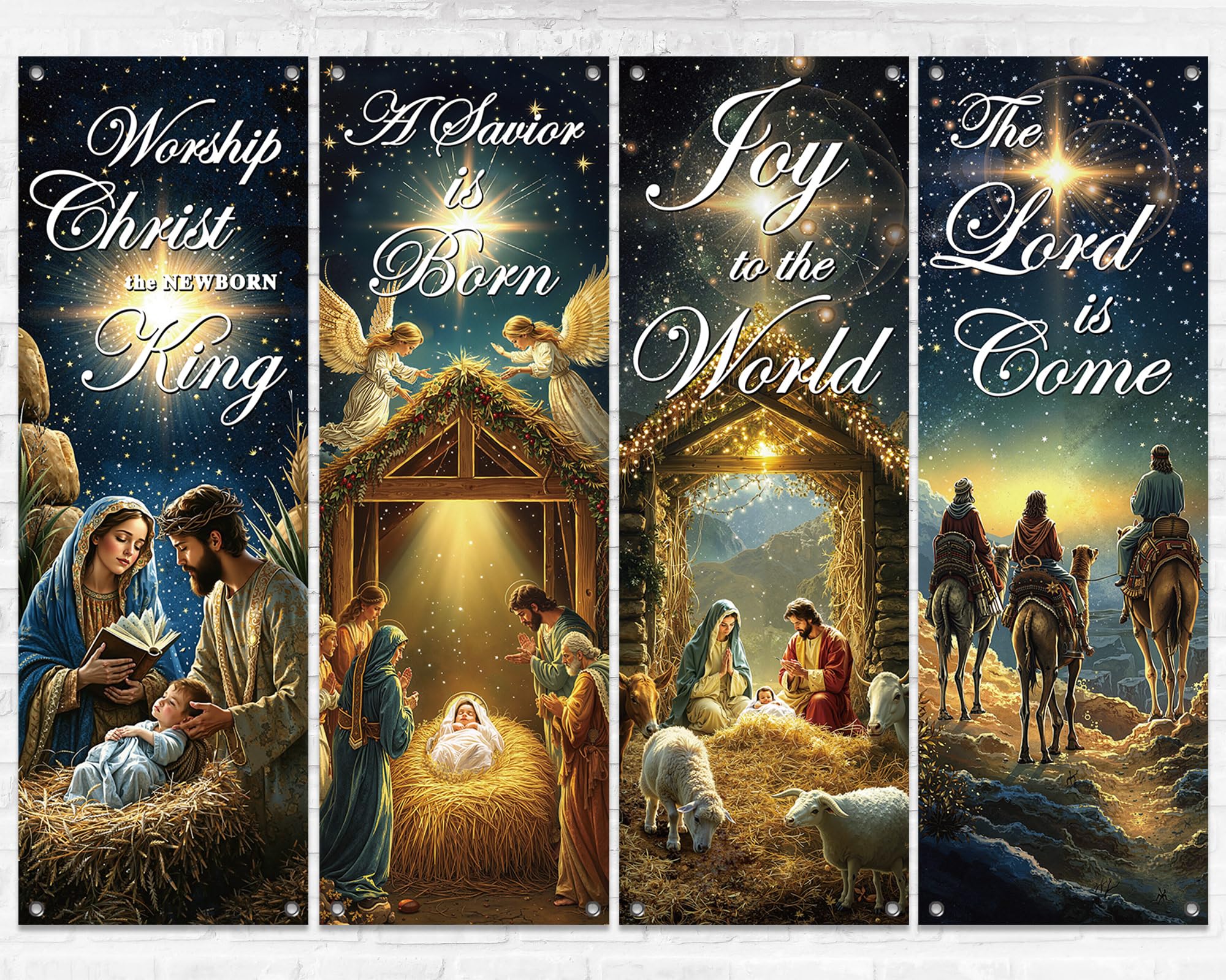 4pcs Christmas Church Banners for Sanctuary Wall Religious Nativity Welcome Hanging Backdrop Christian Jesus Bible Verse Banner Inspirational Worship Hanging Signs for Church Sunday School Decoration