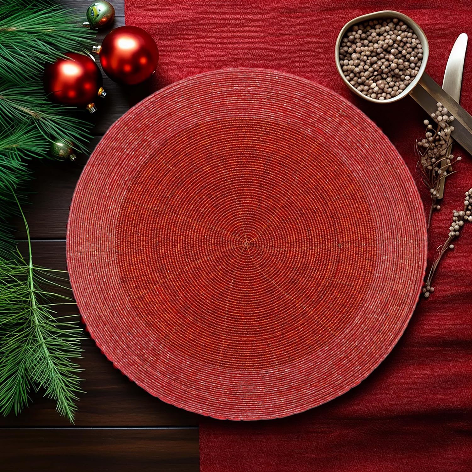 COTTON CRAFT Glitz Handmade Beaded Charger Placemats - Set of 4 - Halloween Harvest Autumn Fall Holiday Christmas Xmas Dining Celebration Festive Party Table Décor - 13.5 inch Round - Red