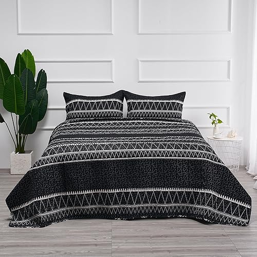 Juego de edredón de tamaño King negro (108 x 96 pulgadas), juego de colcha ligera, patrón de triángulo a rayas, colcha reversible para todas las