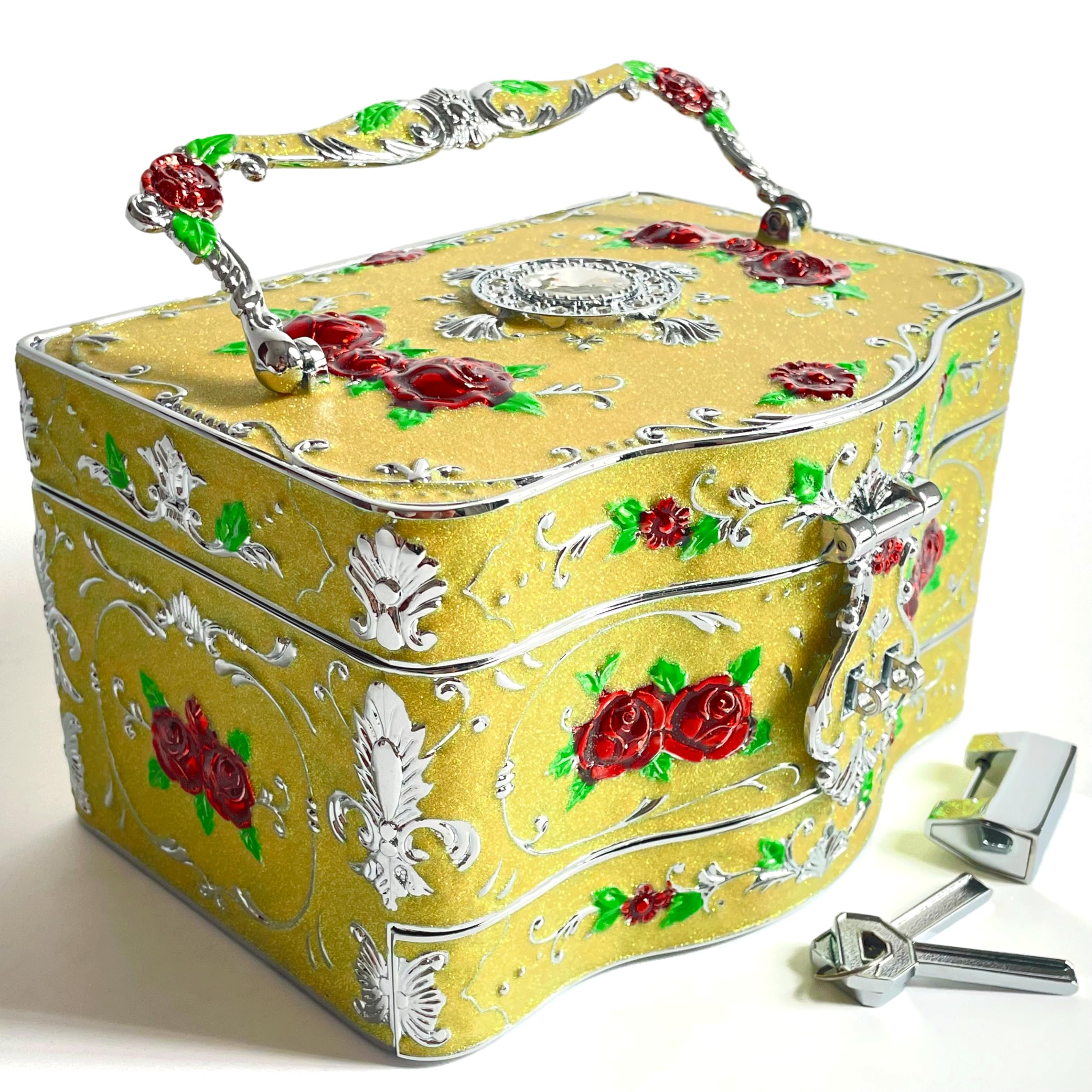 Truewon Jewelry Chest Rose Pastoral Style Metal Box Trinket Vintage Trinket Gemstone Storage Tray Treasure Souvenir Gift Case for Girls Women (Chrome Starshine Yellow, Double Extra Large Hand-held)