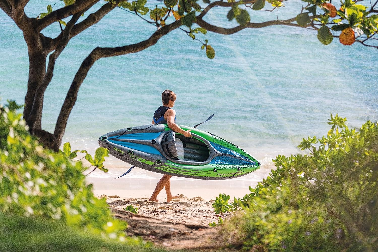 INTEX 68305EP Challenger K1 Inflatable Kayak Set: Includes Deluxe 86in Aluminum Oar and High-Output Pump – Adjustable Seat with Backrest – Removable Skeg – 1-Person – 220lb Weight Capacity