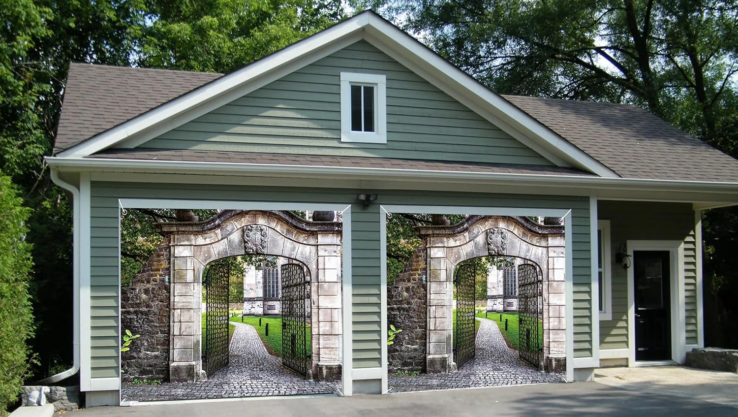 7x8ft Italian Estate Garage Door Decor Medieval Ancient Buildings Retro Stone Brick Door Road Green Lawn Garage Door Background Wedding Honeymoon Travel Holiday Home Decor