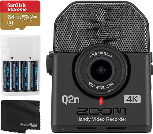 Zoom Q2n-4K Grabadora de cámara de video de ultra alta definición para músicos + tarjeta de memoria microSDXC UHS-I extrema de 64 GB + 4 pilas AA y