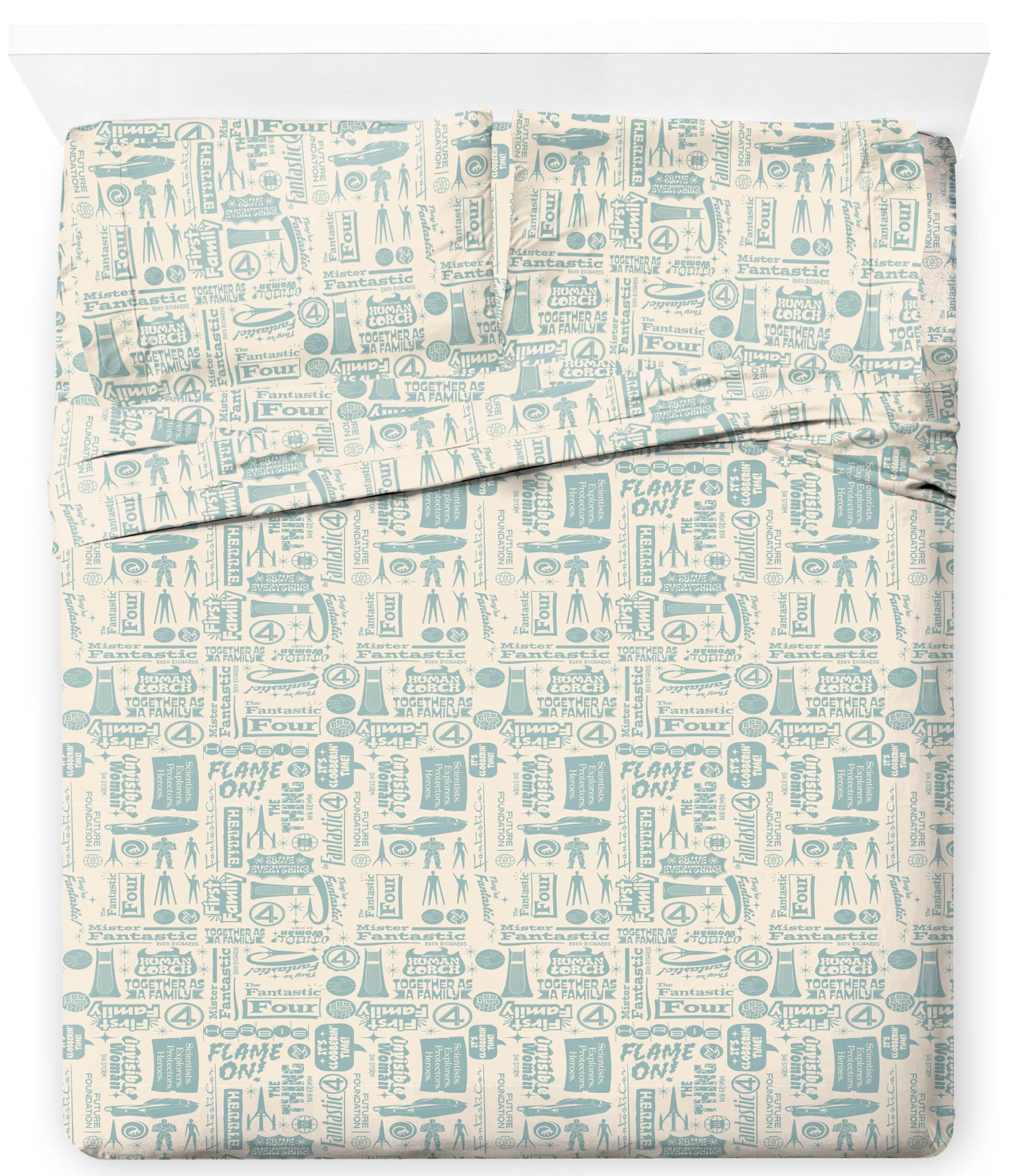 Jay Franco Sheet Set with Fitted, Flat Sheets & Pillow Cover - Ultra-Soft Bedding with Pillowcase for Room Decor, Beige - Fantastic Four, 4 Piece Queen