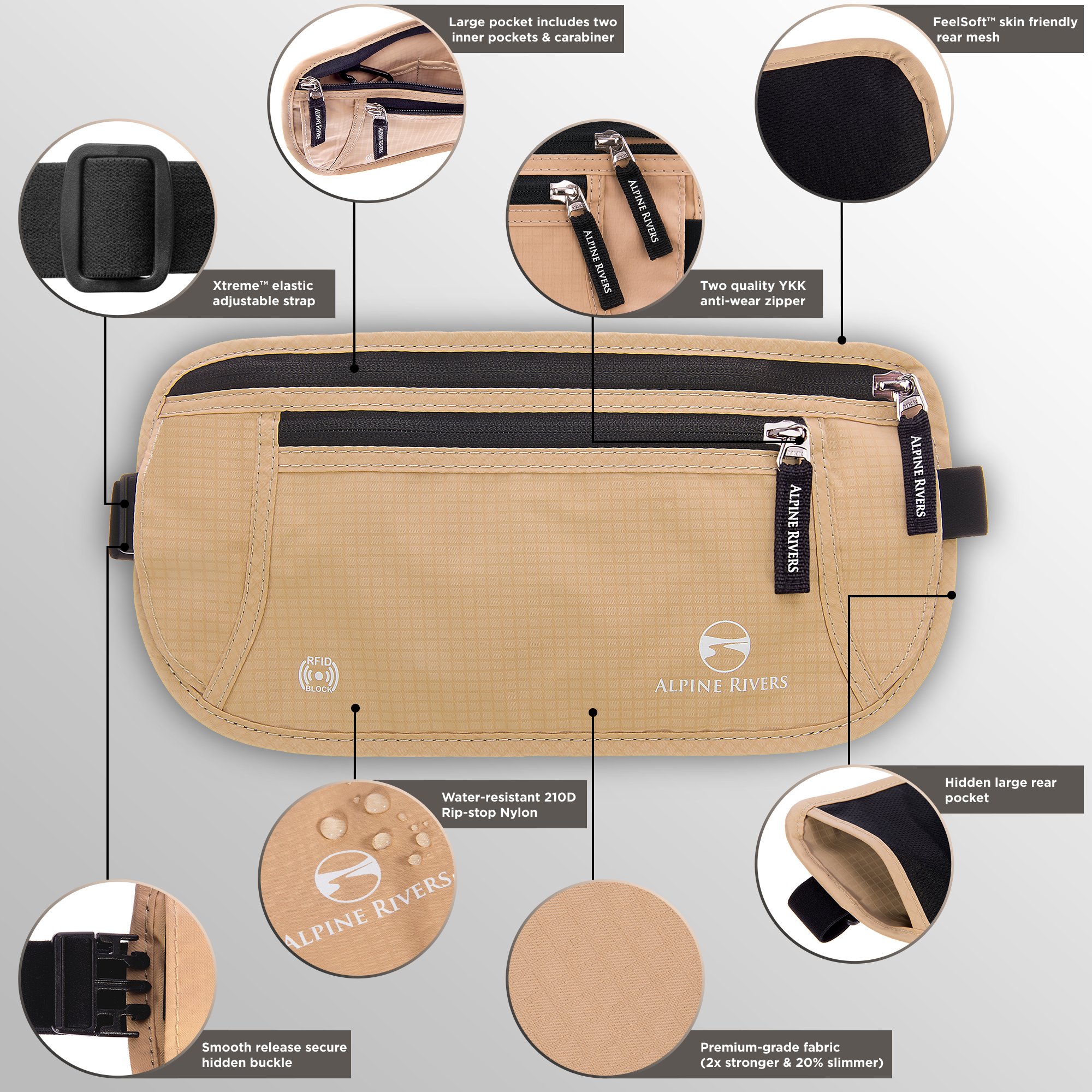 Alpine Rivers Ceinture porte-monnaie – Blocage RFID de qualité premium avec 7 pochettes RFID en bonus, Deluxe Sand Beach (Beige) - AR-RFIDMB002
