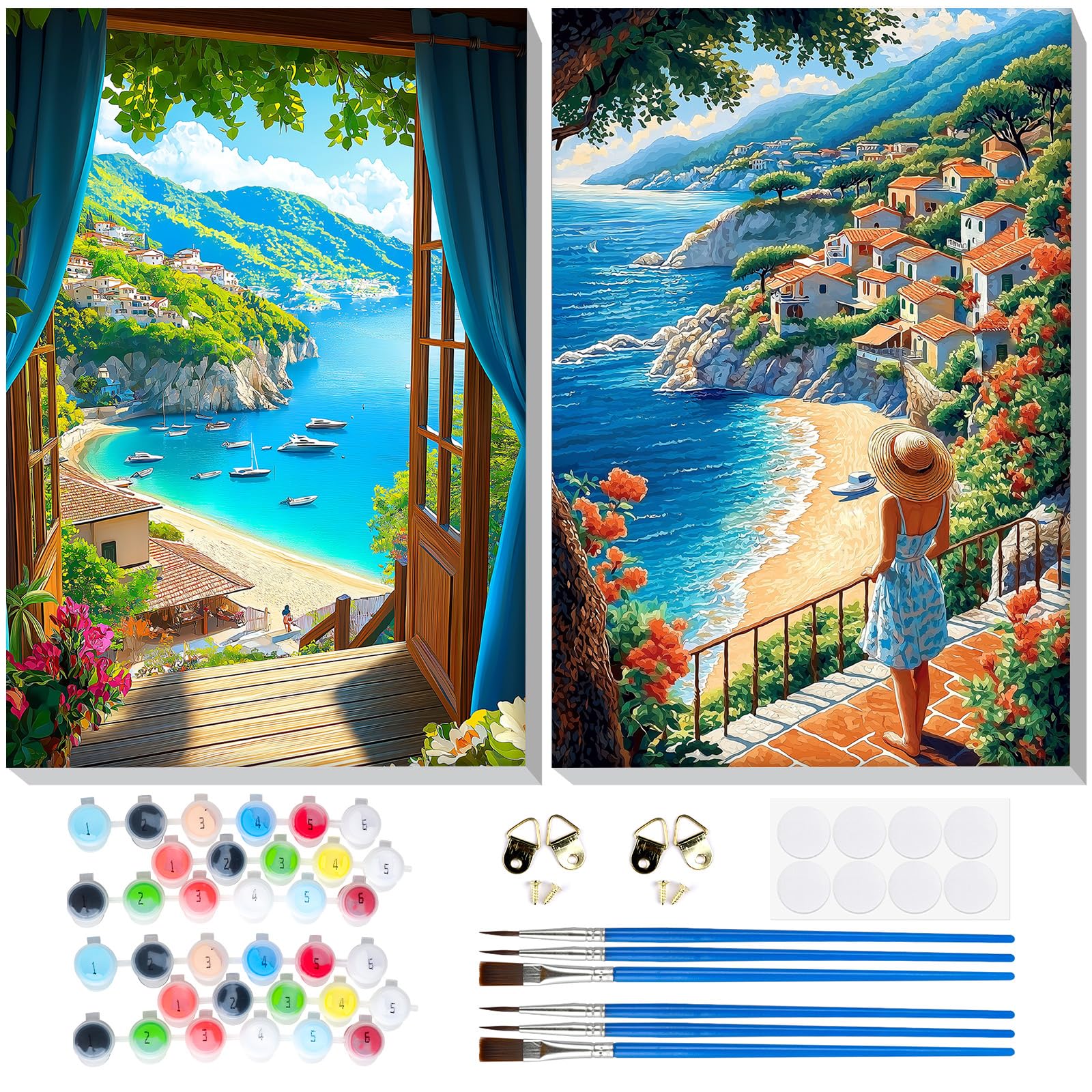 Lxmsja2 Pack Framed Paint by Numbers for Adults Beginner, Landscape Painting by Numbers Kit for Adults Canvas Kits, Easy DIY Acrylic Drawing Painting Kit Gift for Home Wall Decor, 8x8inch