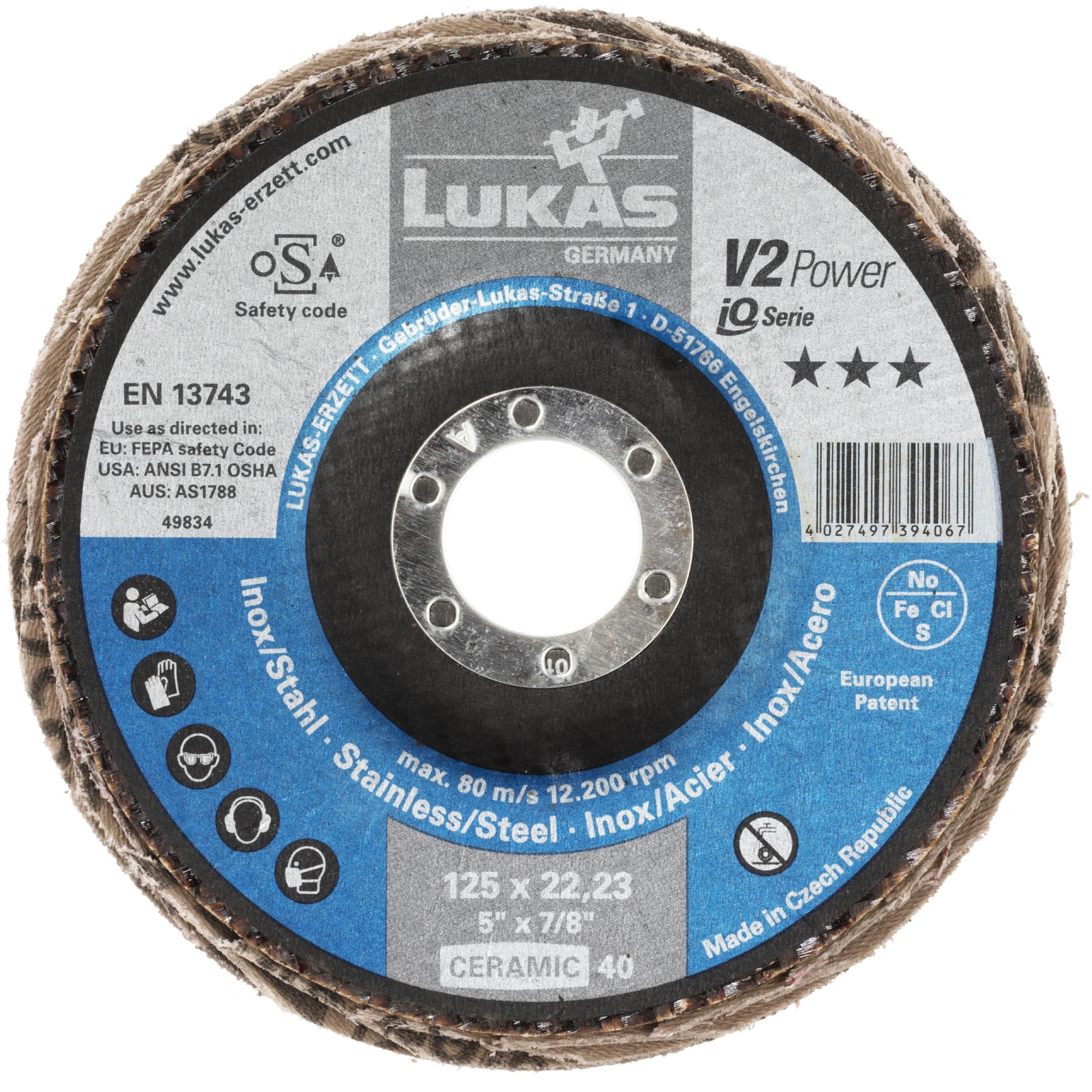 LUKAS-ERZETT - 10 dischi abrasivi a ventaglio V2 Power, universali, Ø 125 mm, grana in ceramica, 40, obliqua, 14 x 13 x 13 cm