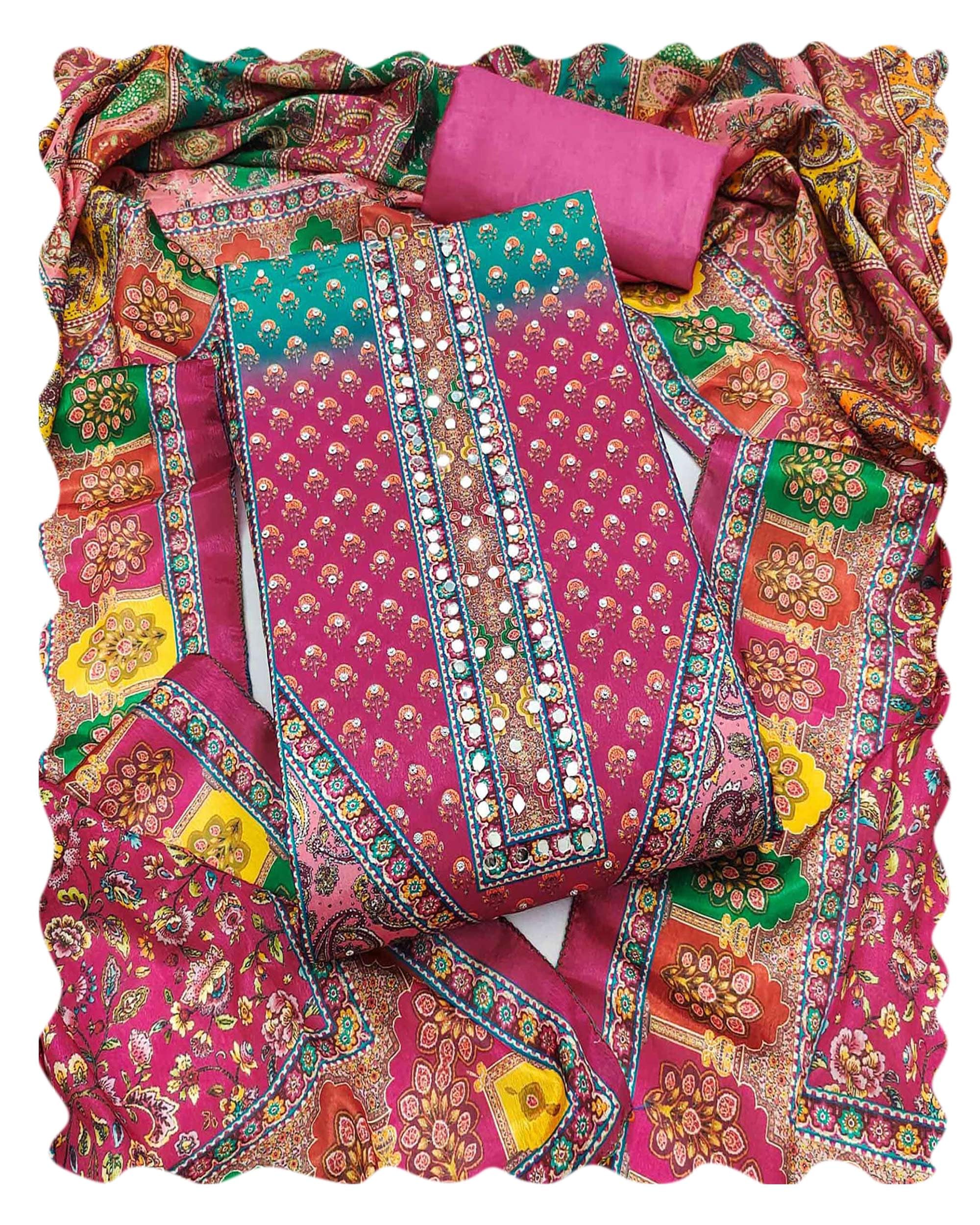 peachmode Women's Floral Print Mirror Work Chinon Unstitched Dress Material | Stylish Ethnic Casual Wear Ladies Latest 3 Piece Kurti Pant Dupatta Fabric Salwar Suit Sets for Women Free Size-picture-47