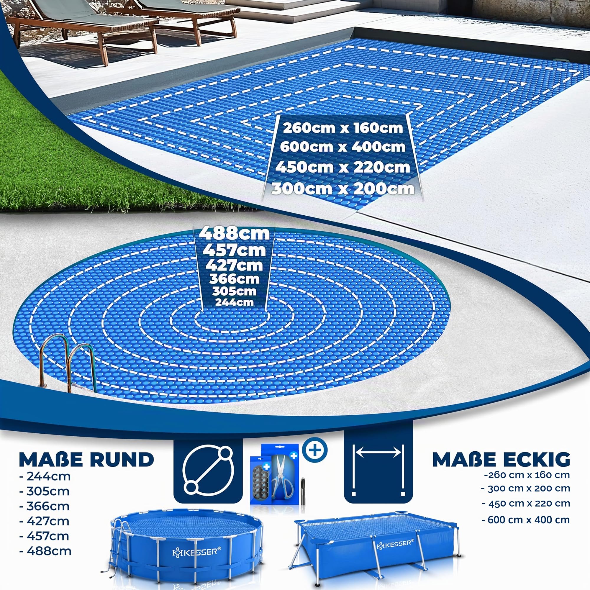 KESSER® Film solaire de piscine 400 µm, Bâche solaire rectangulaire 700 x 400 cm, Bâche de protection solaire flexible à découper, Bâche de piscine pour chauffage de l'eau, Couverture solaire avec