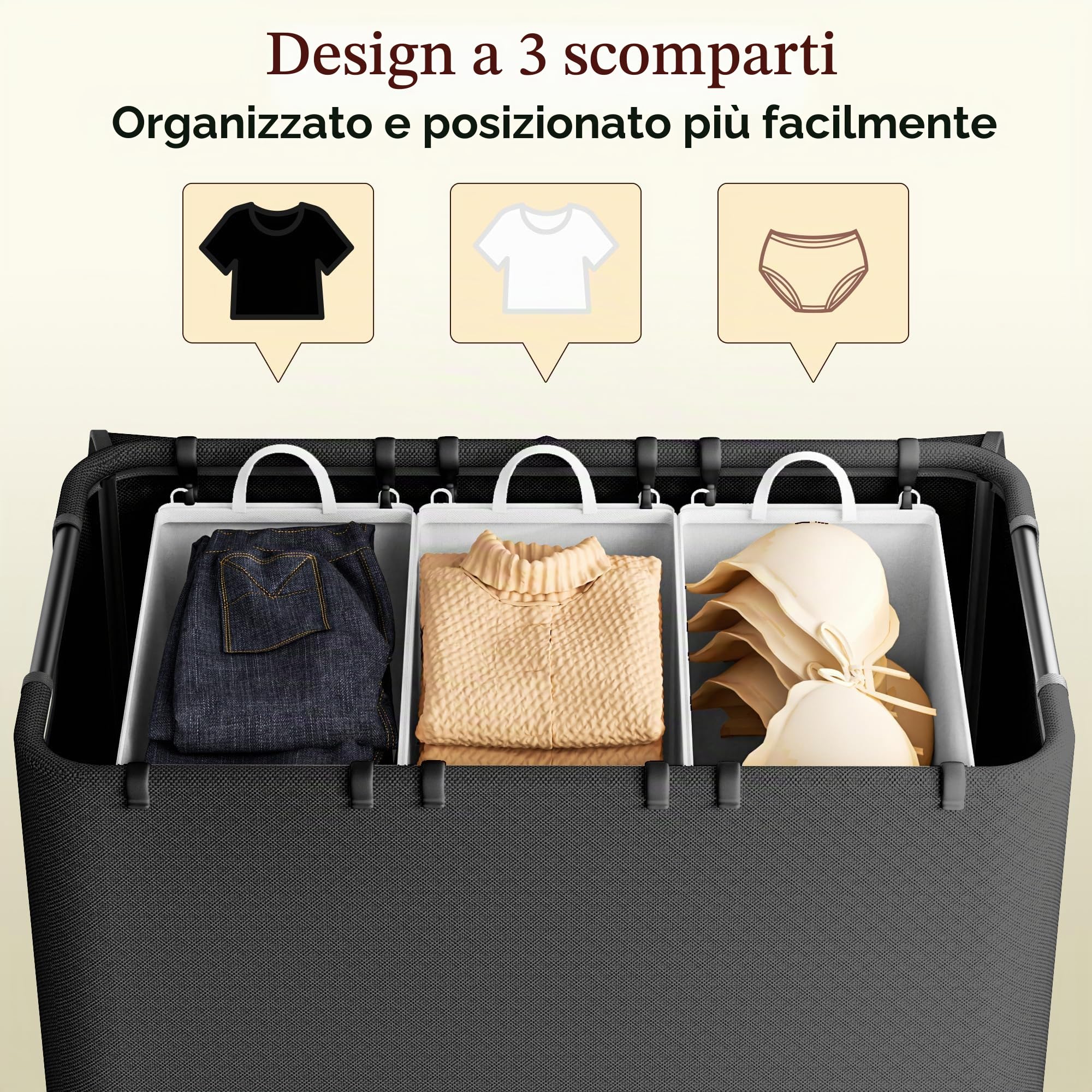 LAMU Cesto portabiancheria a 3 scomparti, cesto portabiancheria da 180 l, con coperchio, 3 scomparti e 6 sacchetti per la biancheria, rimovibile, montaggio rapido, per bagno, camera da letto