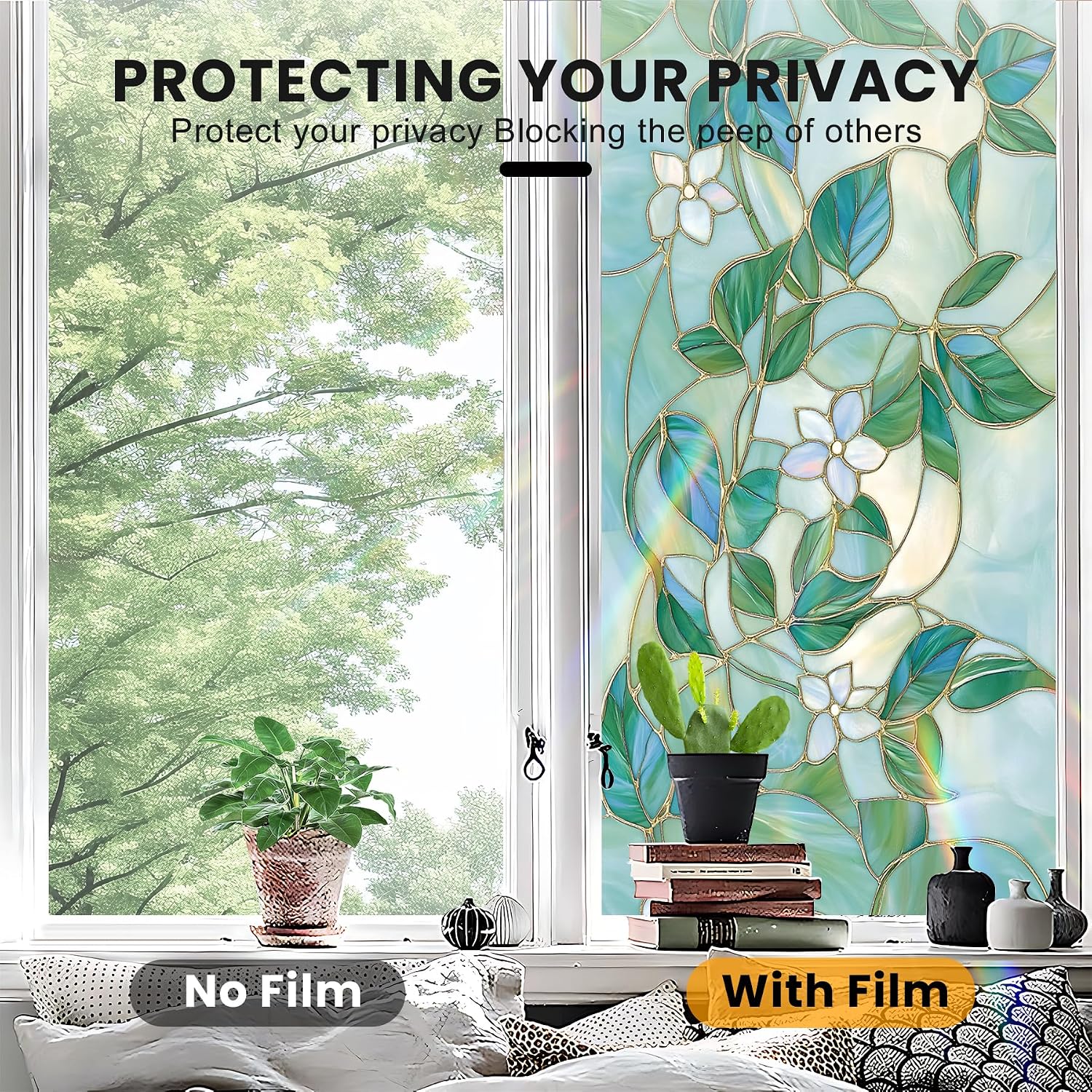 Window Privacy Film Static Cling - Stained Glass Decorative Sun Blocking Window Covering, Non-Adhesive Removable Stickers for Home & Office, 17.5" x 39.3"