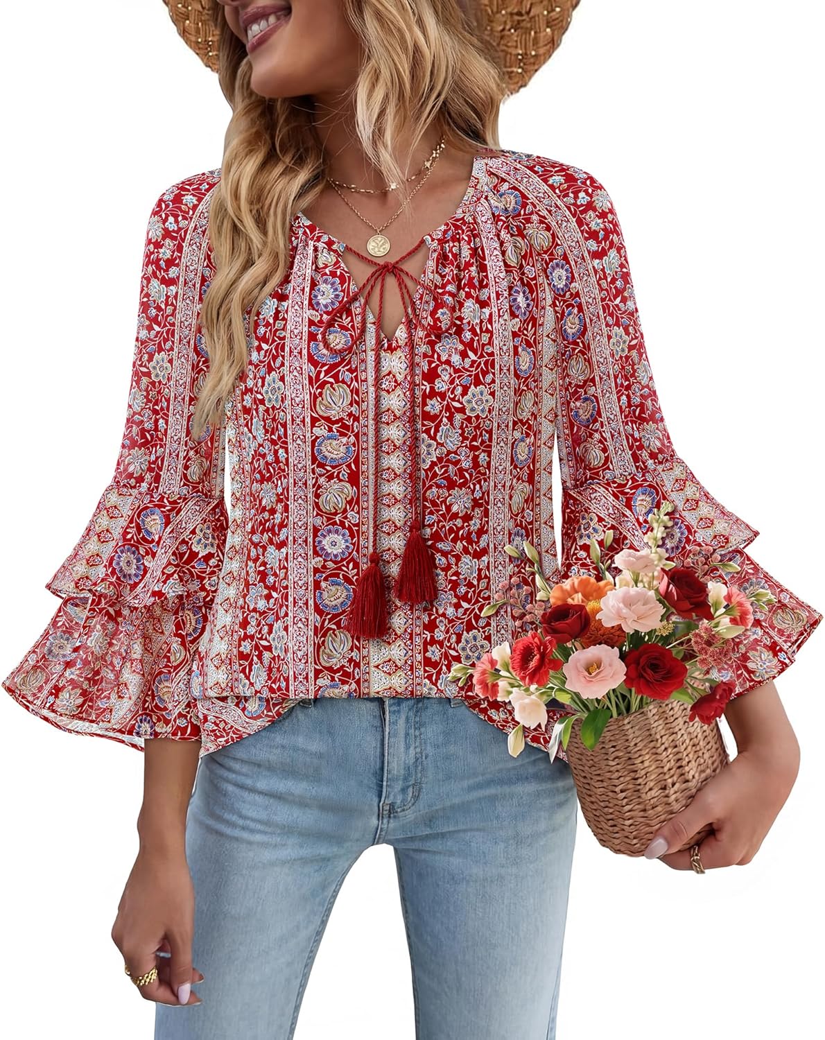 Bebonnie Womens Ruffle Sleeve Casual V Neck Layers Boho Tops Tassel Tie Front Floral Chiffon Blouses